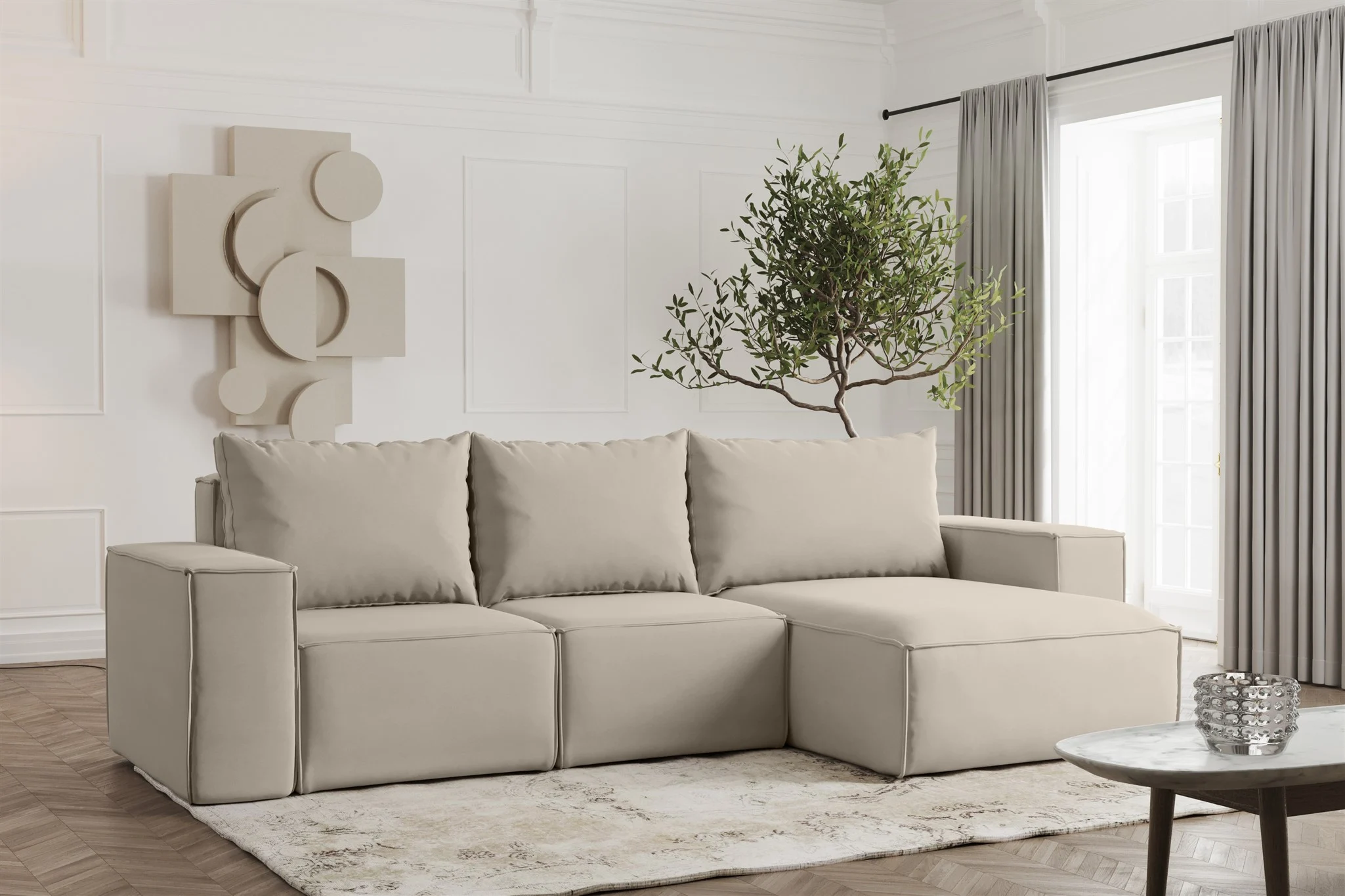 Ecksofa Designersofa ESTELLE in Stoff Opera Velvet Pearl Ottomane Rechts - Fun Möbel