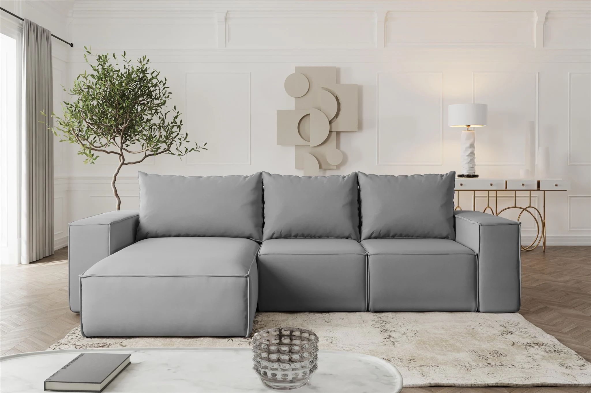 Ecksofa mit Schlaffunktion ESTELLE in Stoff Opera Velvet Grau Ottomane Links - Fun Möbel