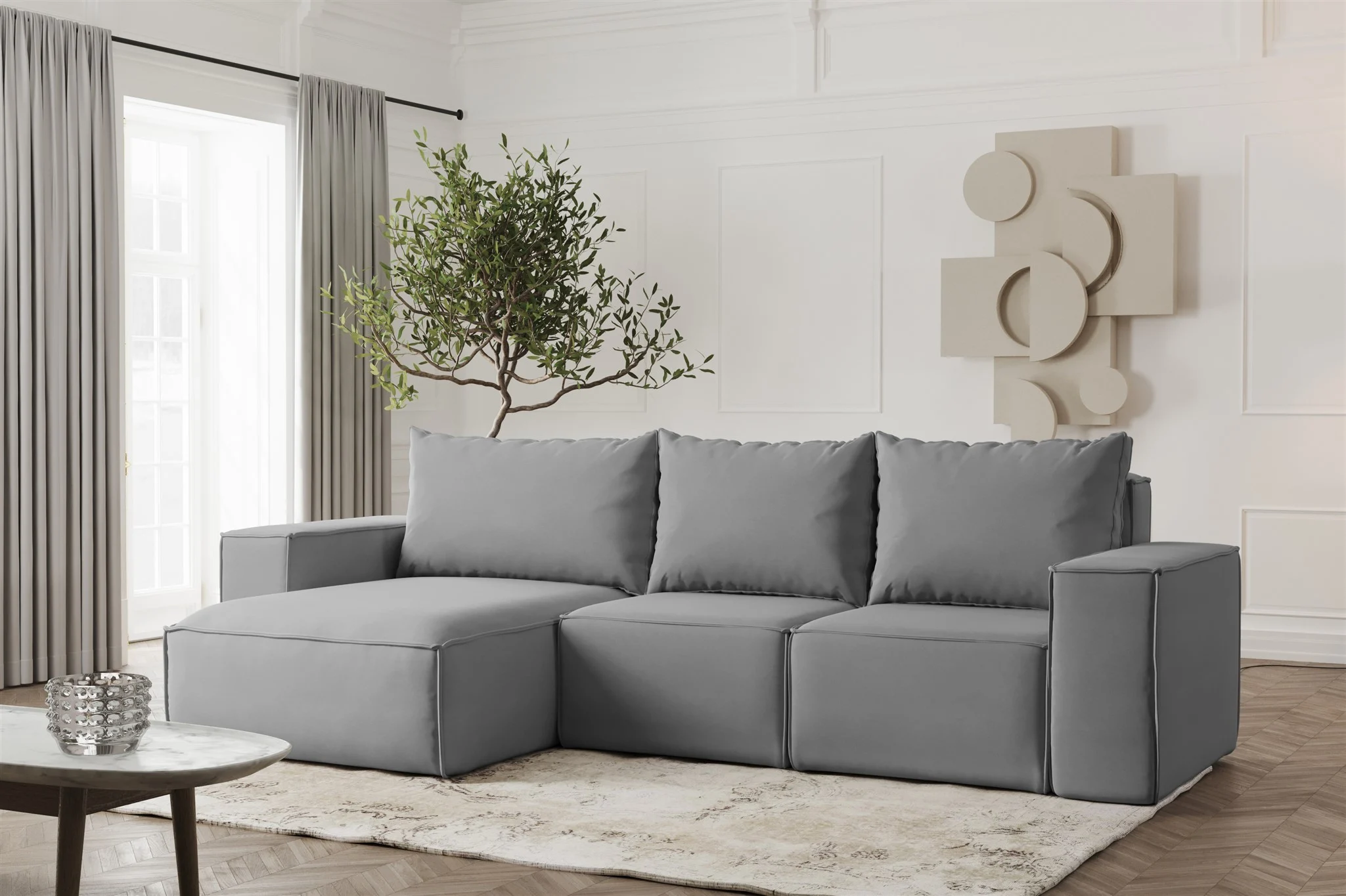 Ecksofa Designersofa ESTELLE in Stoff Opera Velvet Grau Ottomane Links - Fun Möbel