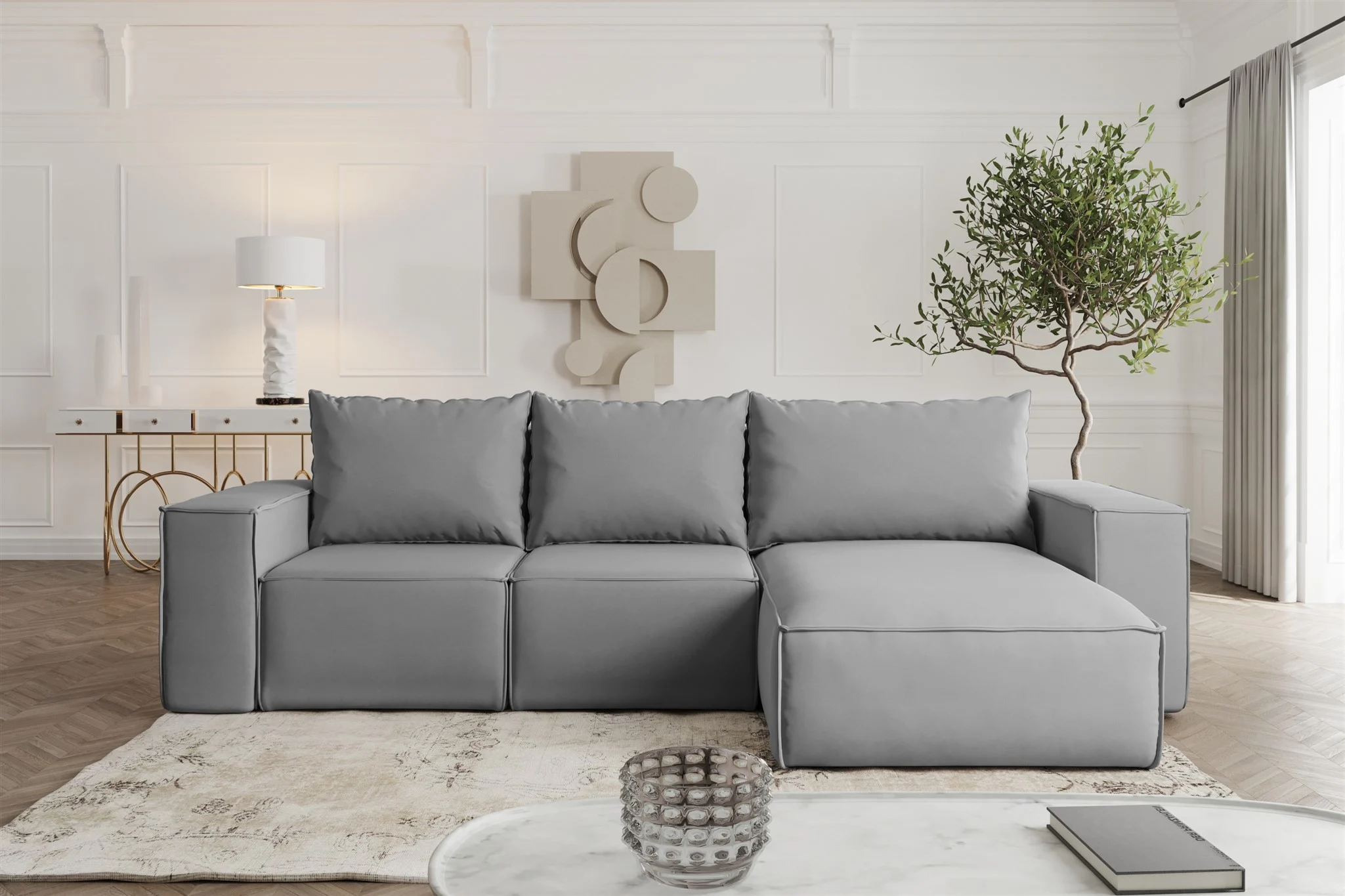 Ecksofa mit Schlaffunktion ESTELLE in Stoff Opera Velvet Grau Ottomane Rechts - Fun Möbel