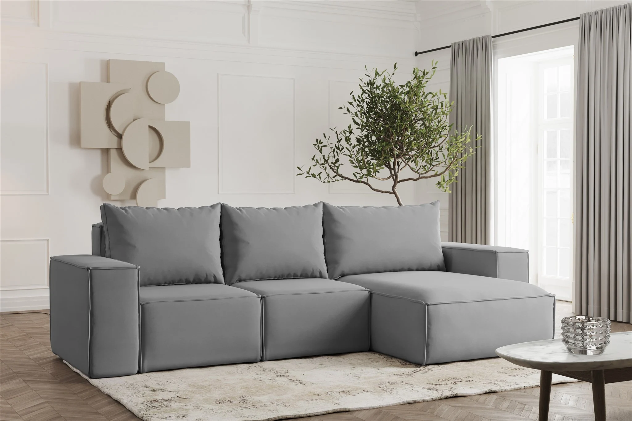 Ecksofa Designersofa ESTELLE in Stoff Opera Velvet Grau Ottomane Rechts - Fun Möbel