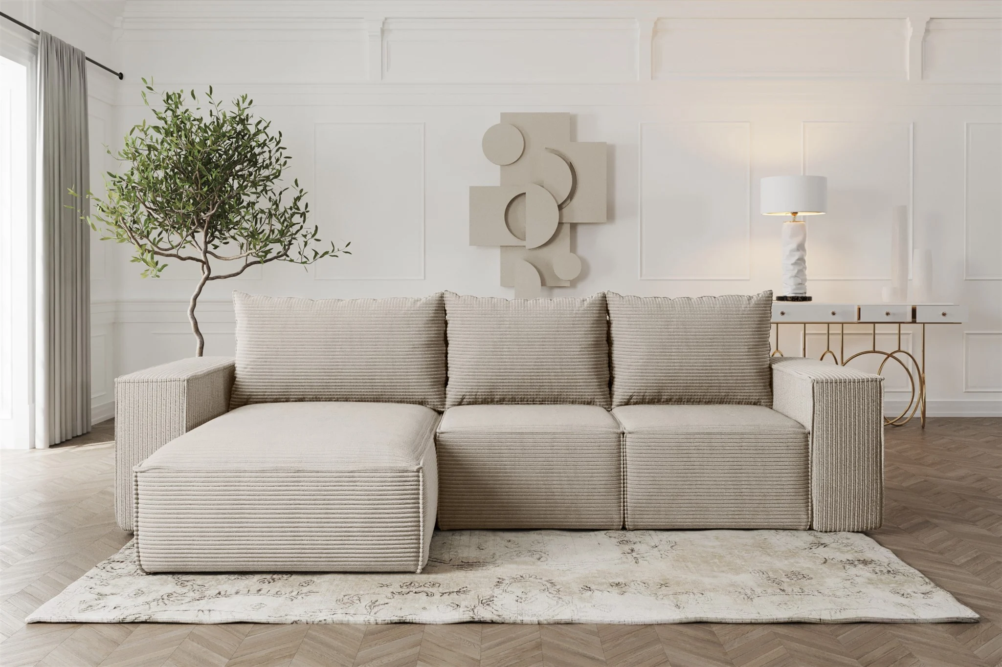 Ecksofa Sofa mit Schlaffunktion ESTELLE in Stoff Poso Beige Ottomane Links - Fun Möbel