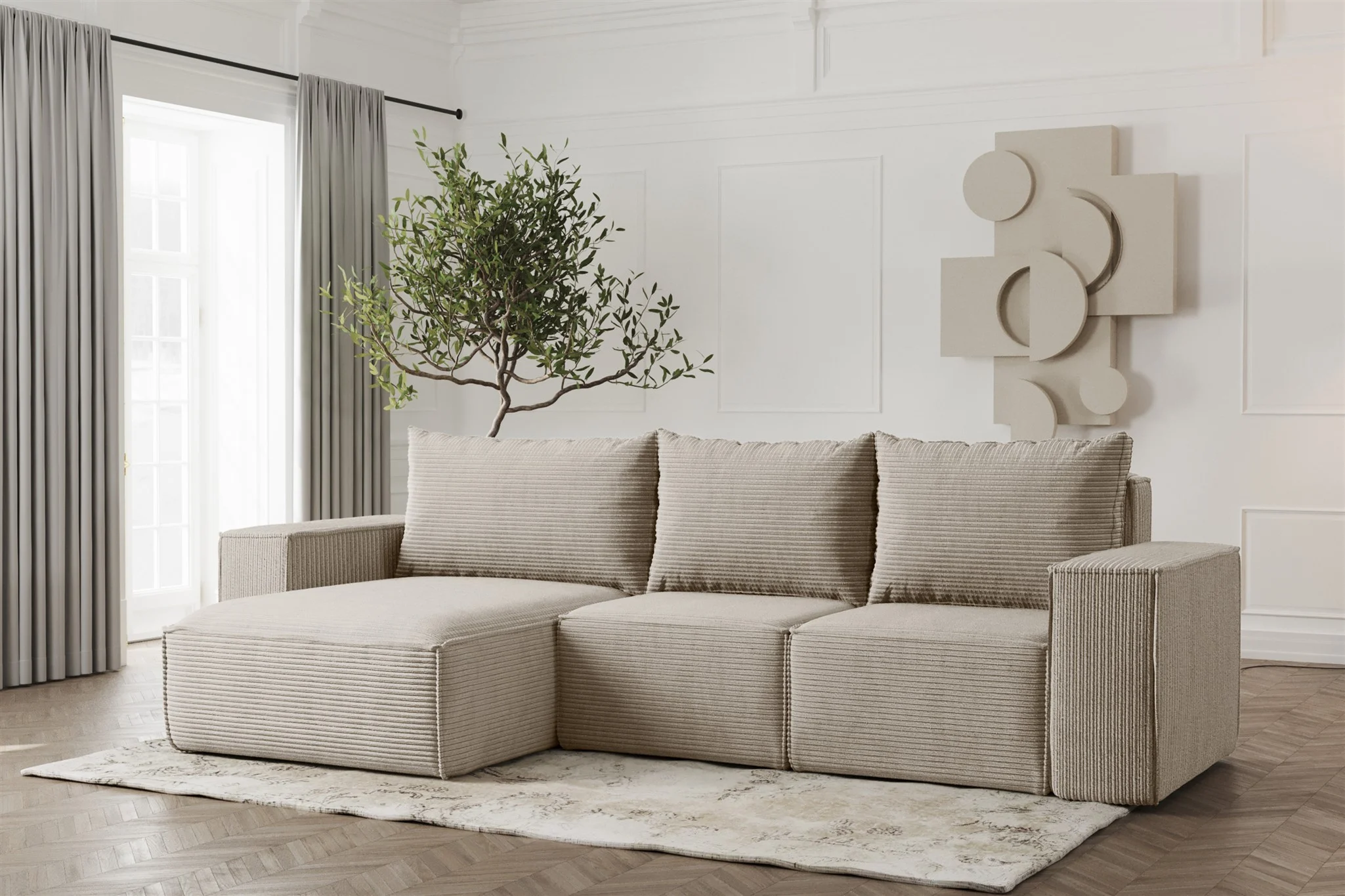 Ecksofa Designersofa ESTELLE in Stoff Poso Beige Ottomane Links - Fun Möbel