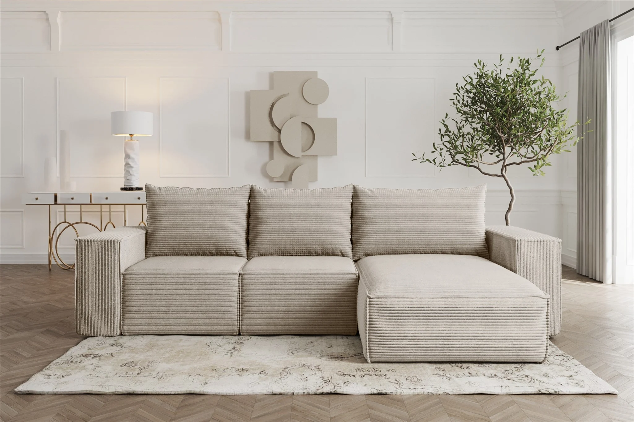 Ecksofa Sofa mit Schlaffunktion ESTELLE in Stoff Poso Beige Ottomane Rechts - Fun Möbel