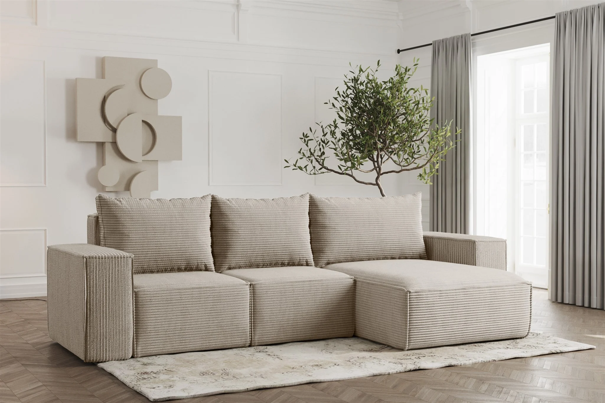 Ecksofa Designersofa ESTELLE in Stoff Poso Beige Ottomane Rechts - Fun Möbel