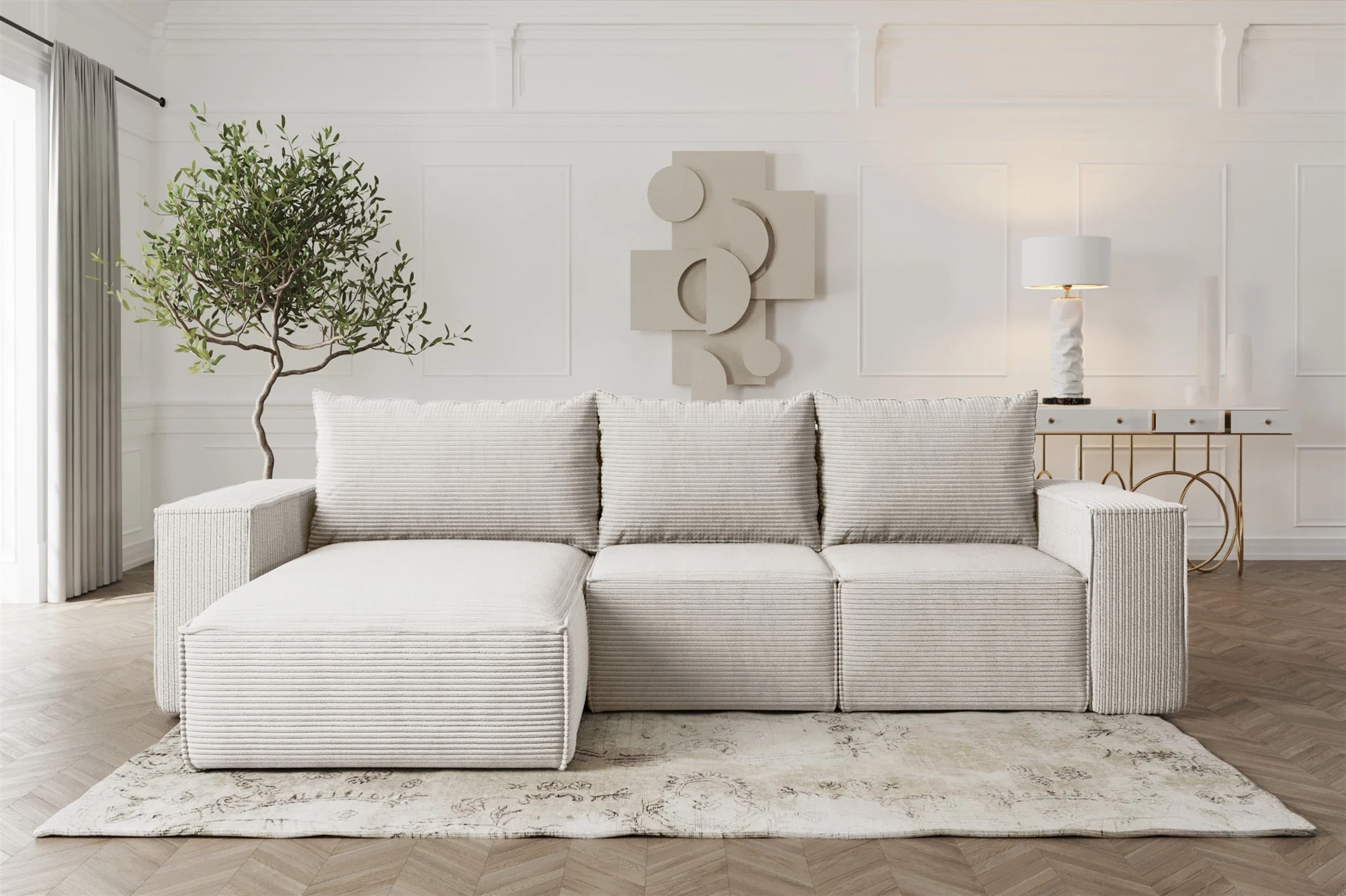Ecksofa Sofa mit Schlaffunktion ESTELLE in Stoff Poso Creme Ottomane Links - Fun Möbel