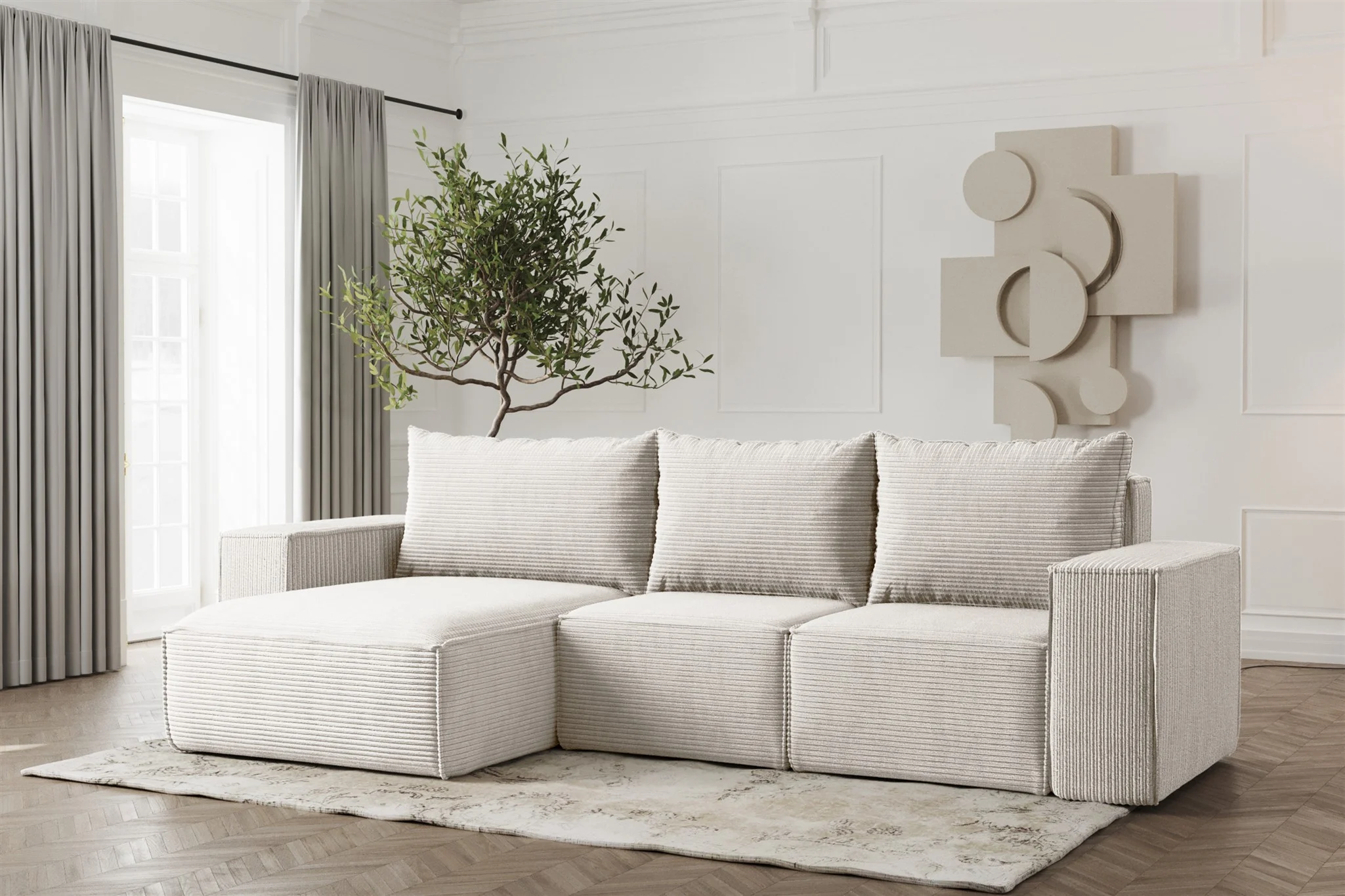 Ecksofa Designersofa ESTELLE in Stoff Poso Creme Ottomane Links - Fun Möbel