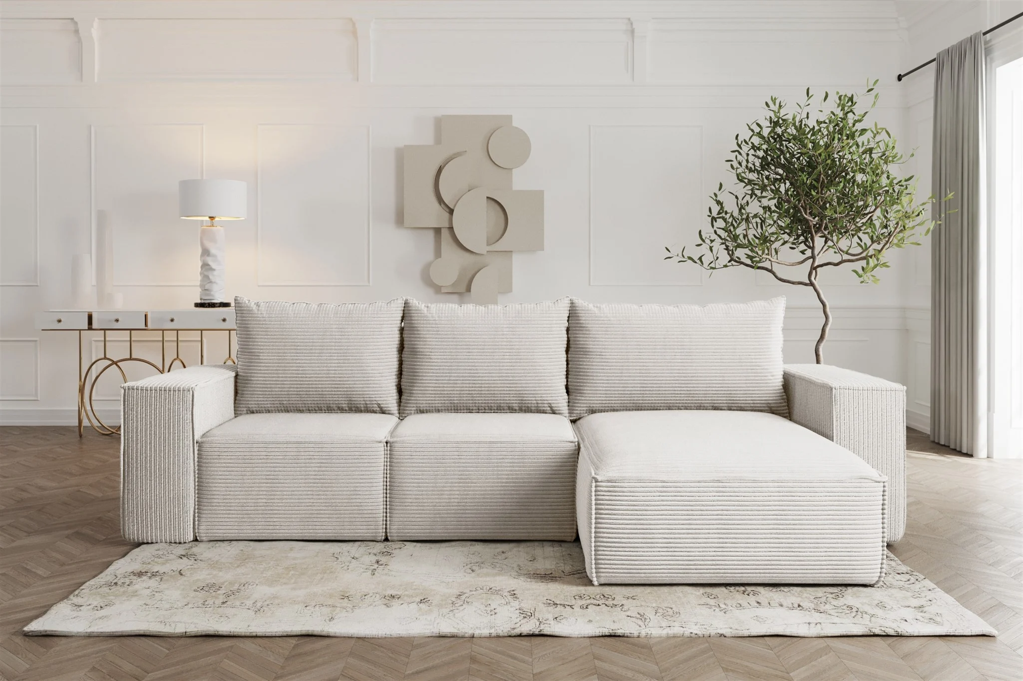 Ecksofa Sofa mit Schlaffunktion ESTELLE in Stoff Poso Creme Ottomane Rechts - Fun Möbel