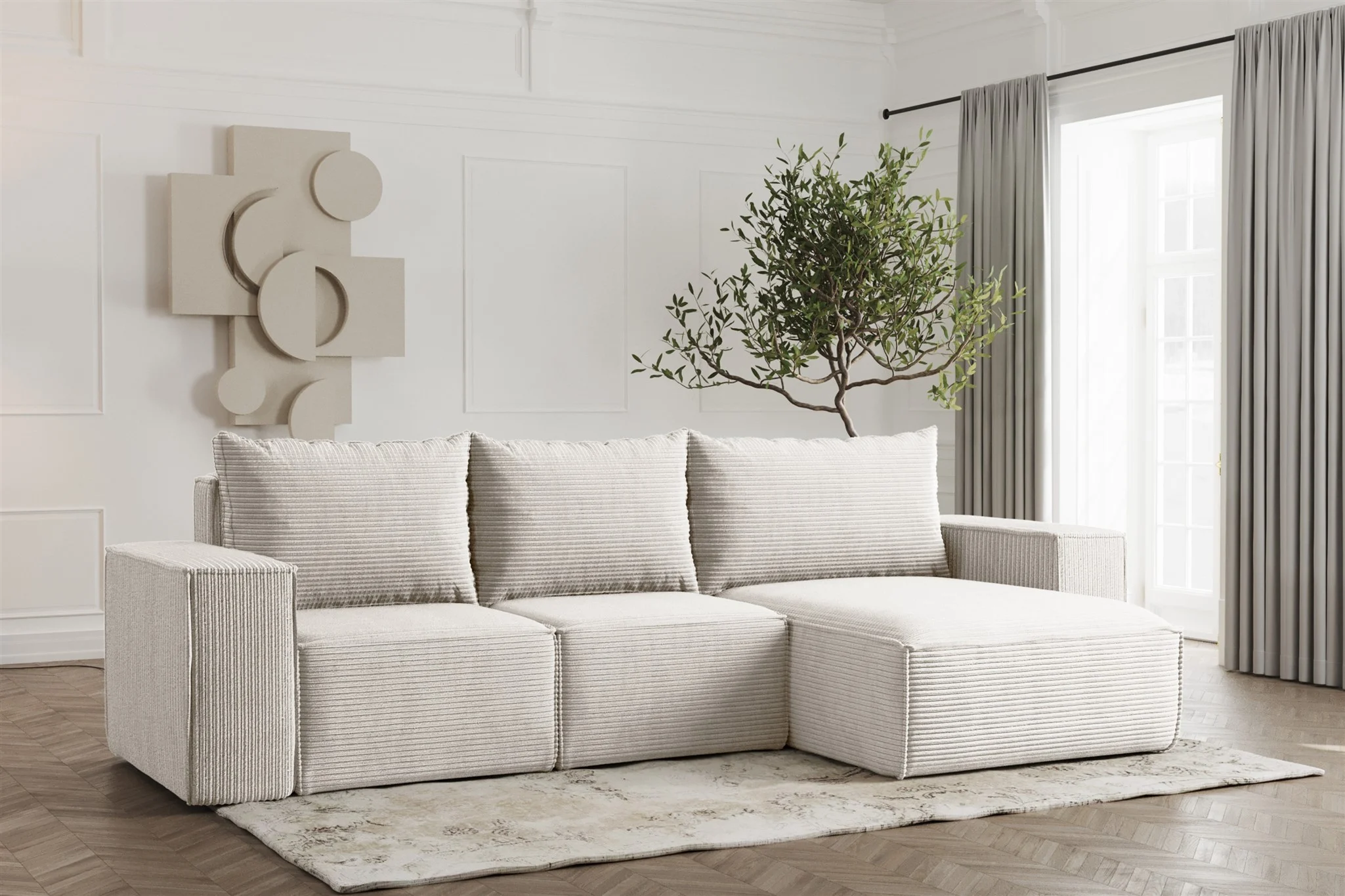 Ecksofa Designersofa ESTELLE in Stoff Poso Creme Ottomane Rechts - Fun Möbel