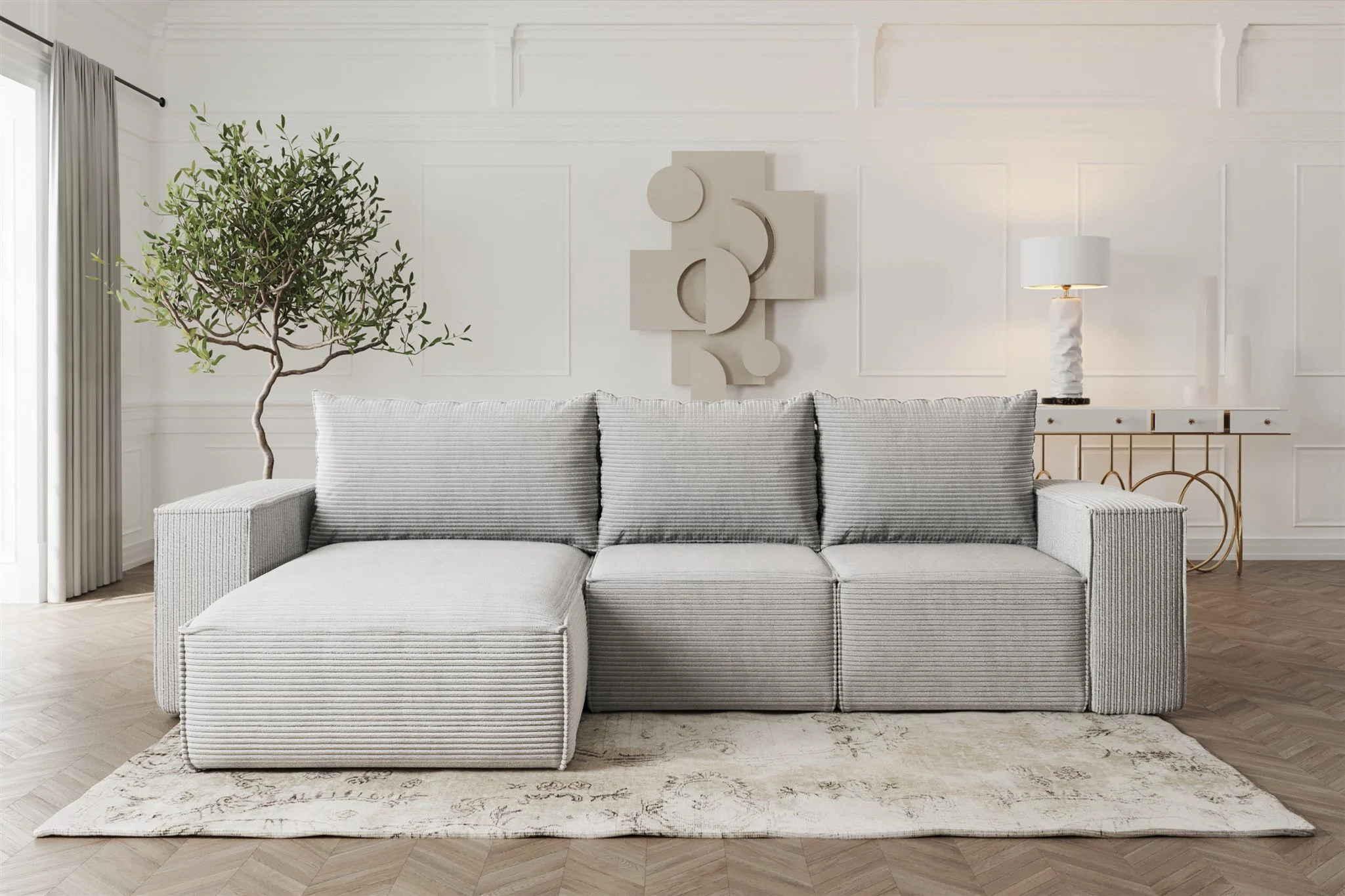 Ecksofa Sofa mit Schlaffunktion ESTELLE in Stoff Poso Hellgrau Ottomane Links - Fun Möbel