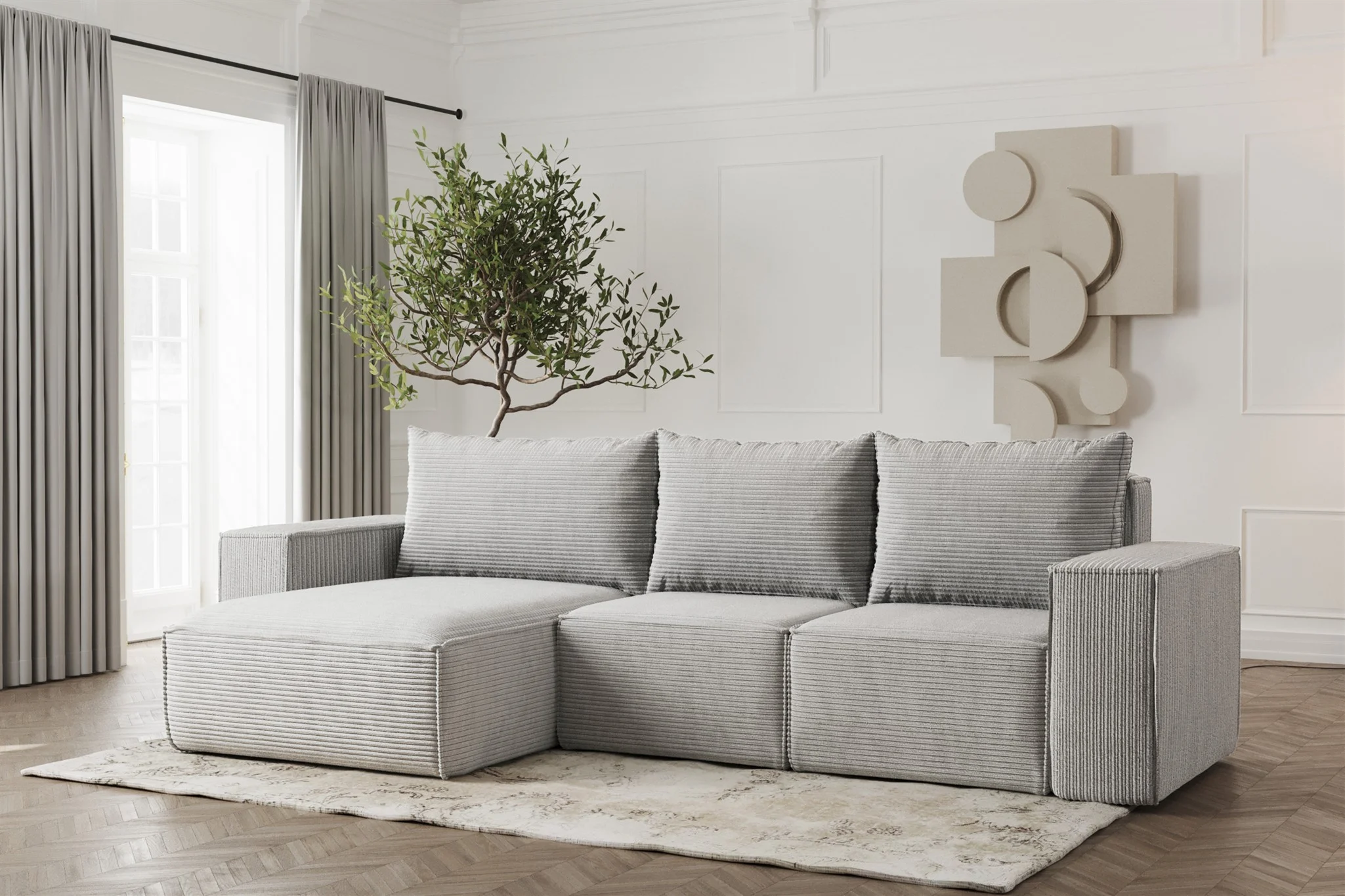 Ecksofa Designersofa ESTELLE in Stoff Poso Hellgrau Ottomane Links - Fun Möbel