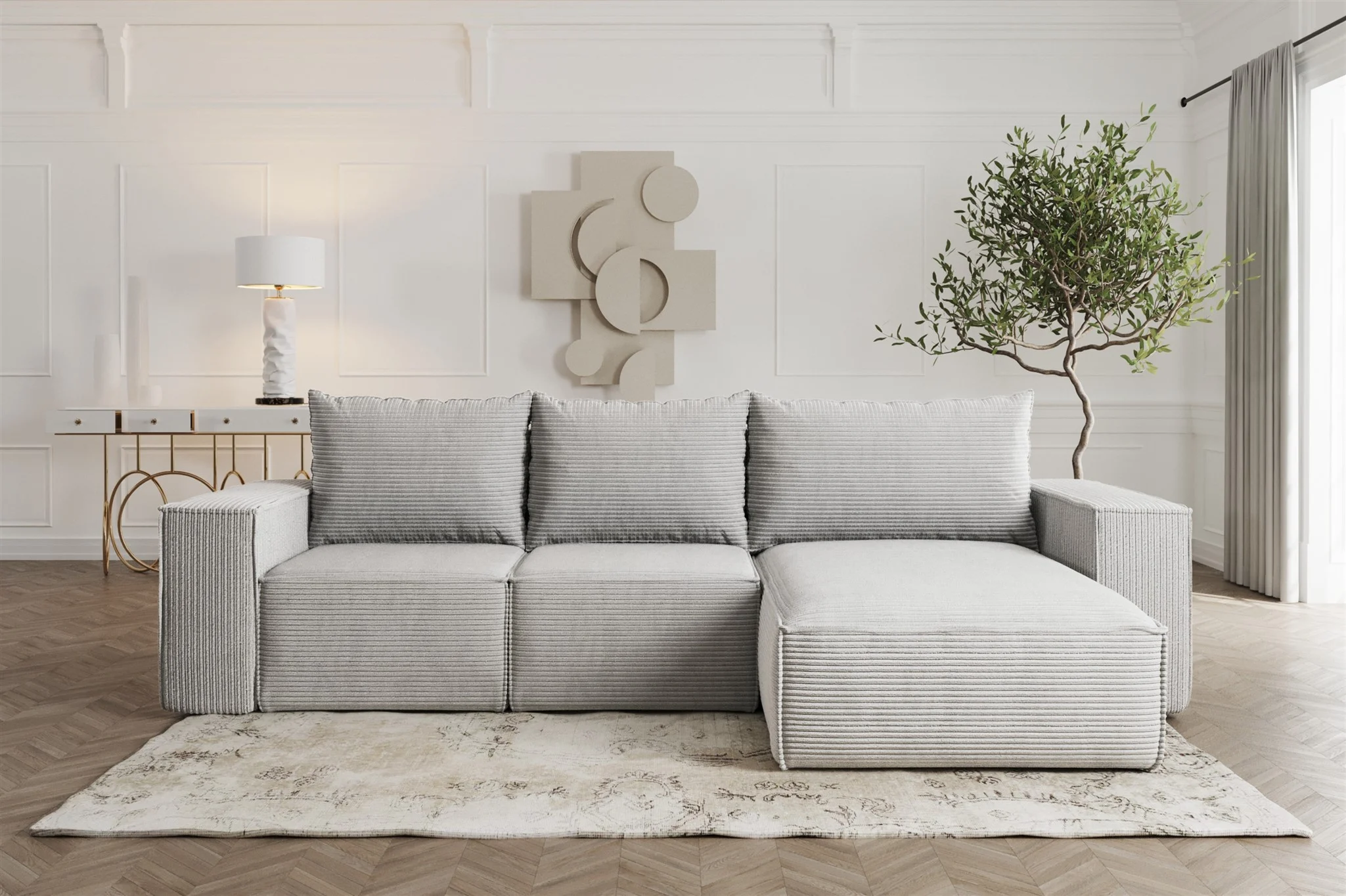 Ecksofa Sofa mit Schlaffunktion ESTELLE in Stoff Poso Hellgrau Ottomane Rechts - Fun Möbel