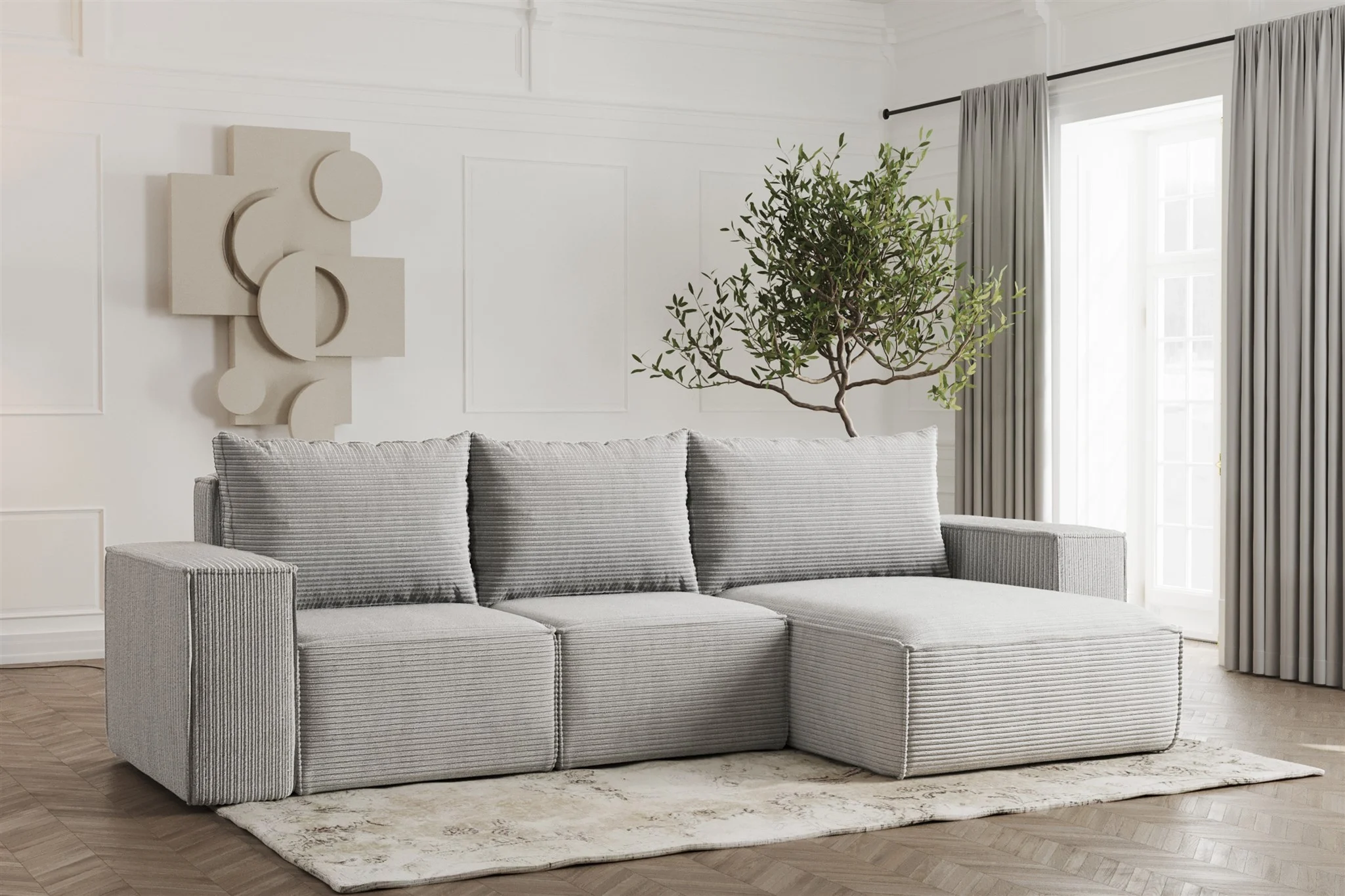 Ecksofa Designersofa ESTELLE in Stoff Poso Hellgrau Ottomane Rechts - Fun Möbel