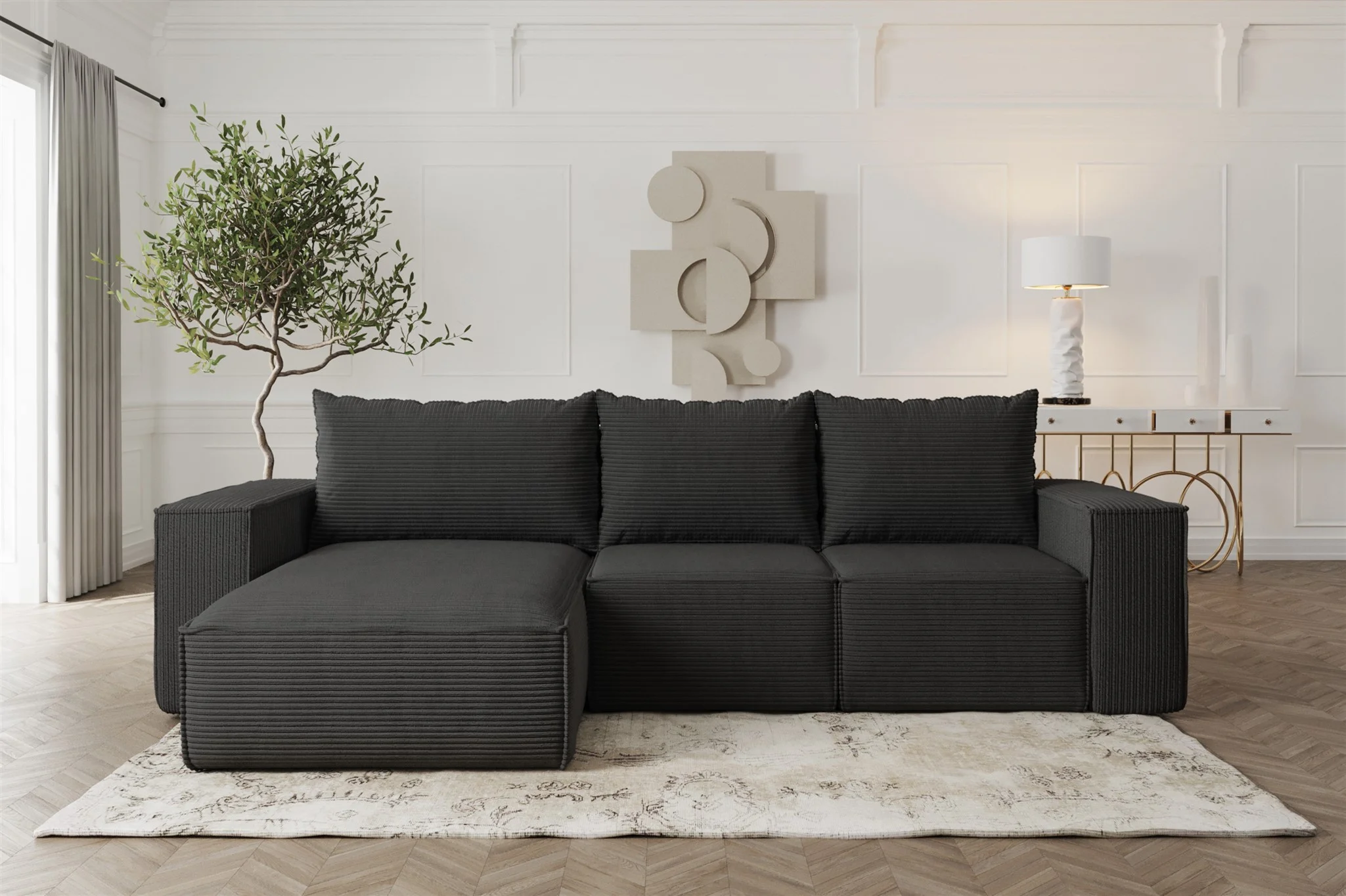 Ecksofa Sofa mit Schlaffunktion ESTELLE in Stoff Poso Schwarz Ottomane Links - Fun Möbel