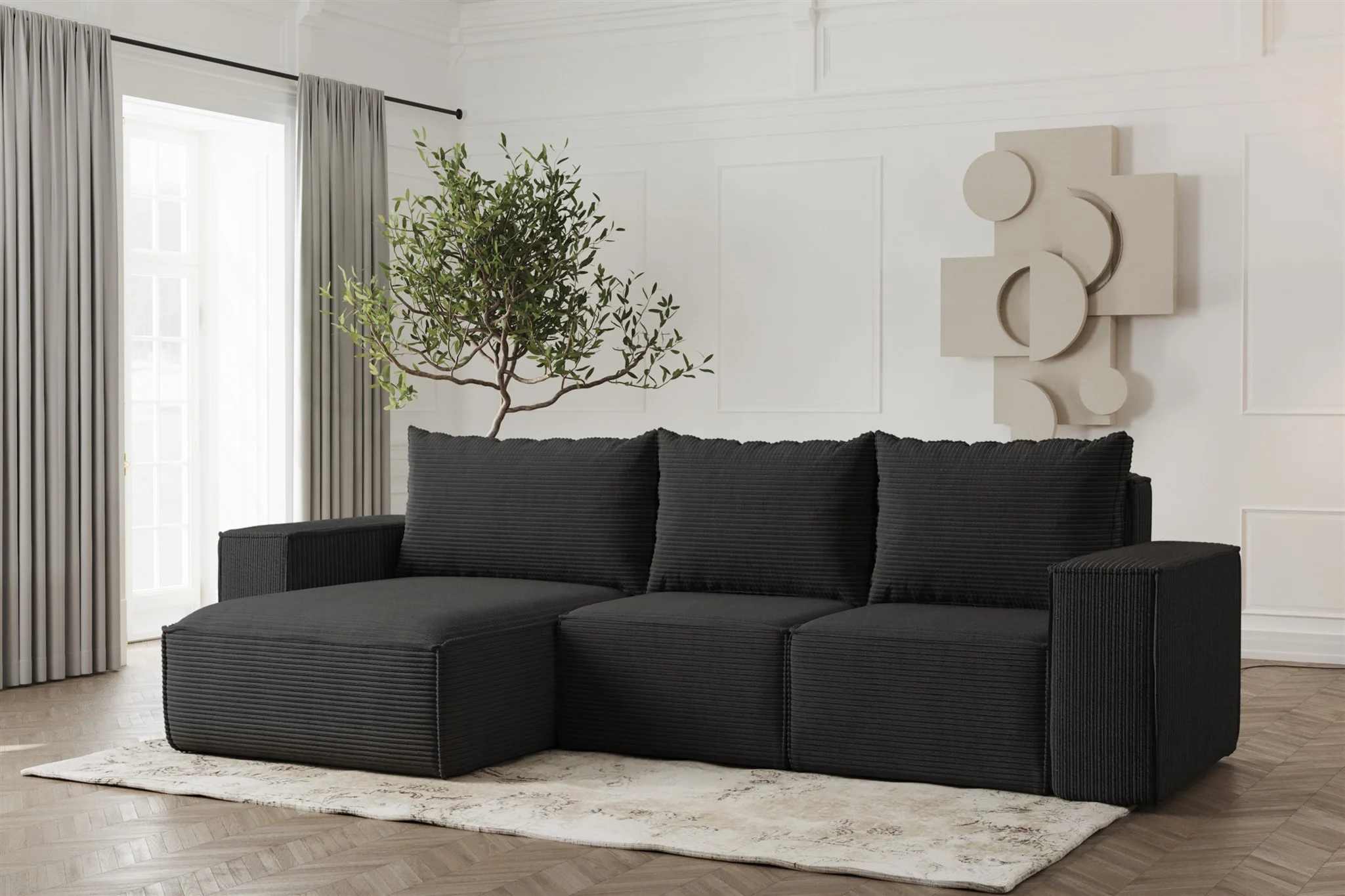 Ecksofa Designersofa ESTELLE in Stoff Poso Schwarz Ottomane Links - Fun Möbel