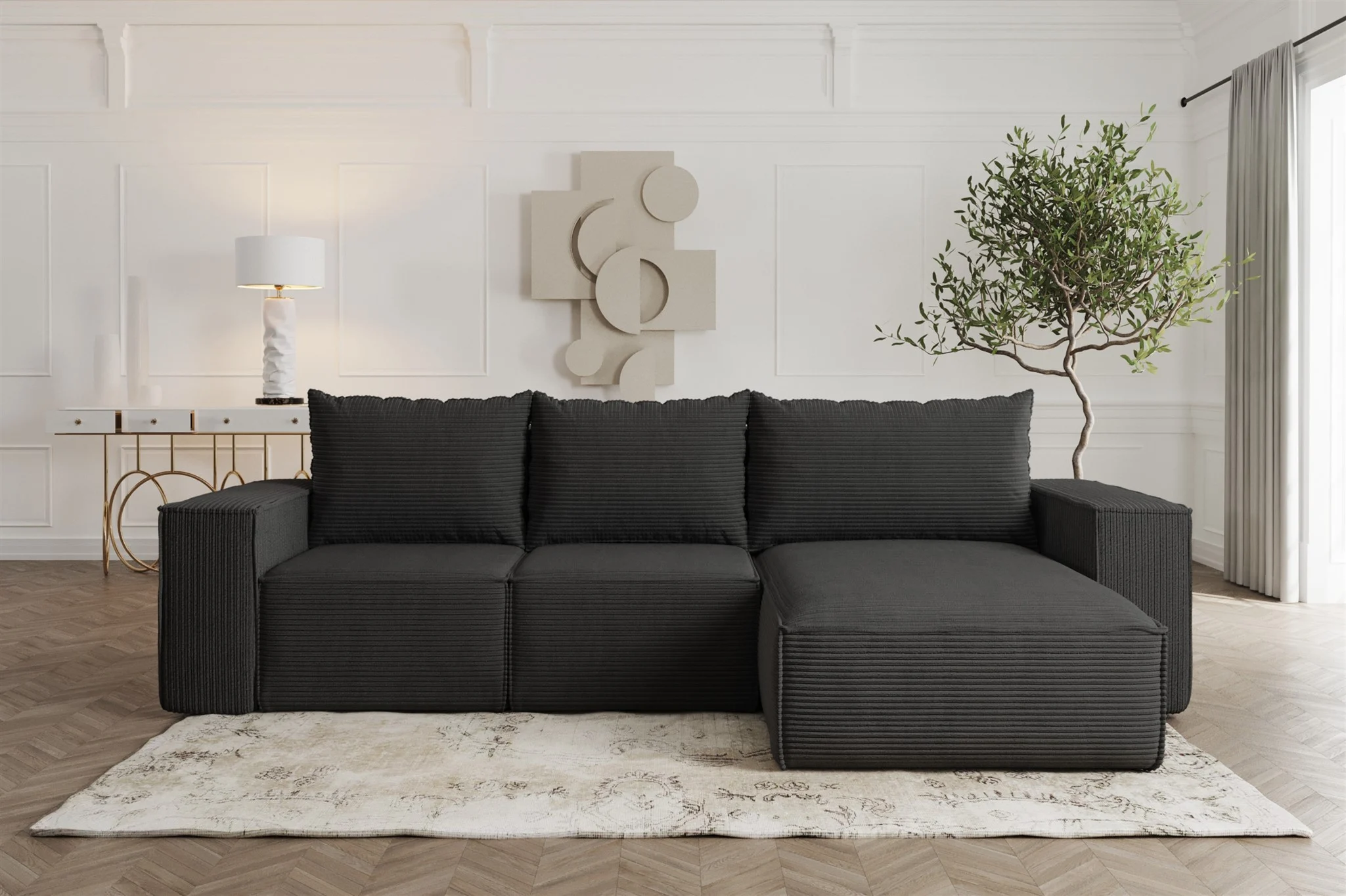 Ecksofa Sofa mit Schlaffunktion ESTELLE in Stoff Poso Schwarz Ottomane Rechts - Fun Möbel