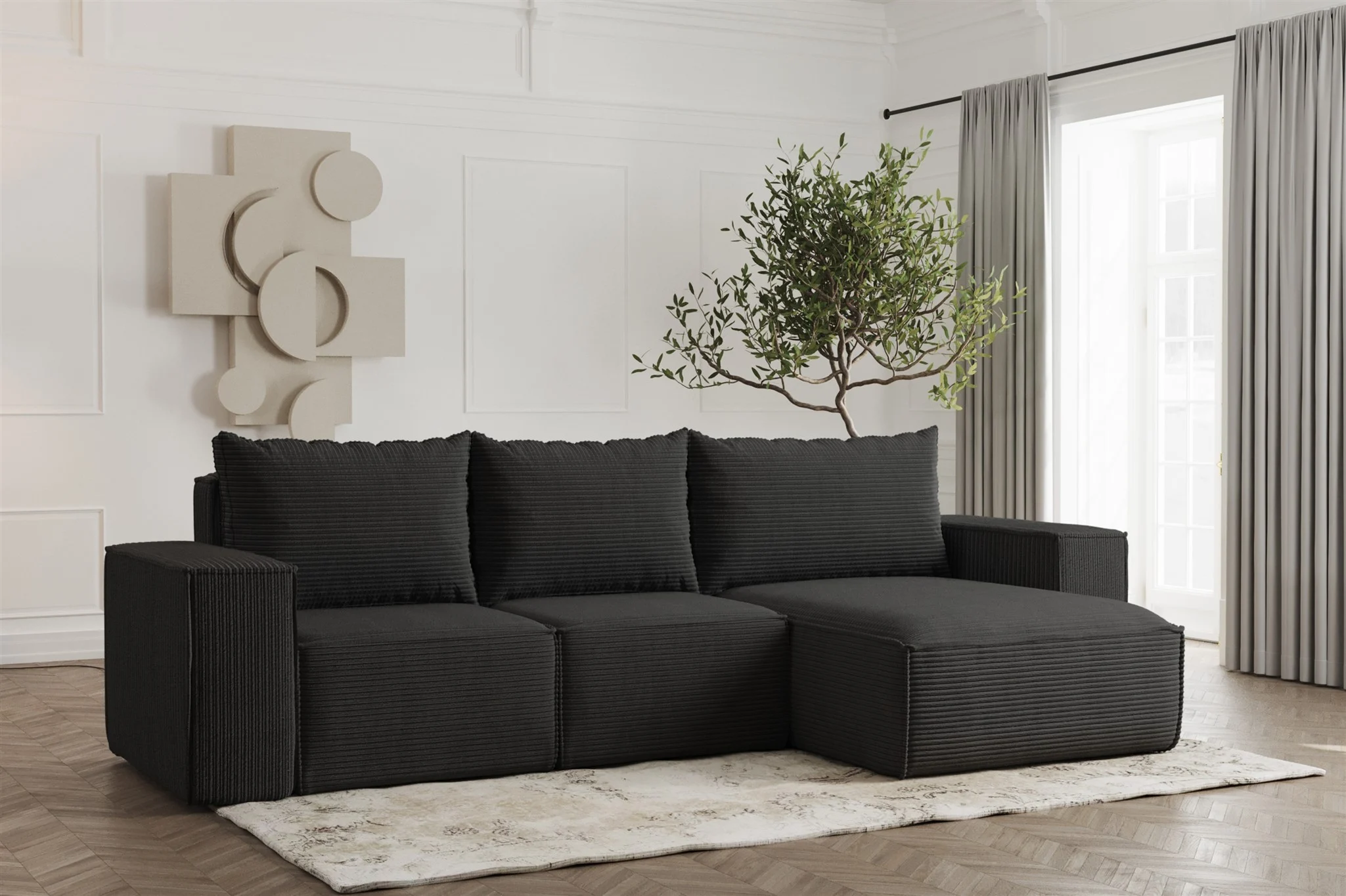 Ecksofa Designersofa ESTELLE in Stoff Poso Schwarz Ottomane Rechts - Fun Möbel