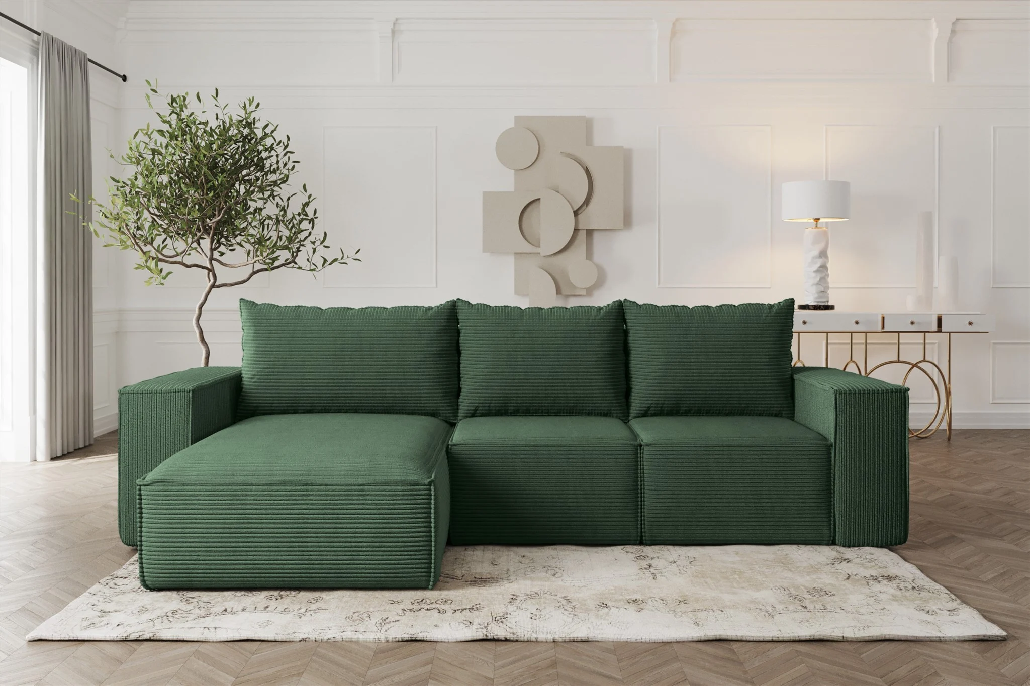 Ecksofa Sofa mit Schlaffunktion ESTELLE in Stoff Poso Grün Ottomane Links - Fun Möbel