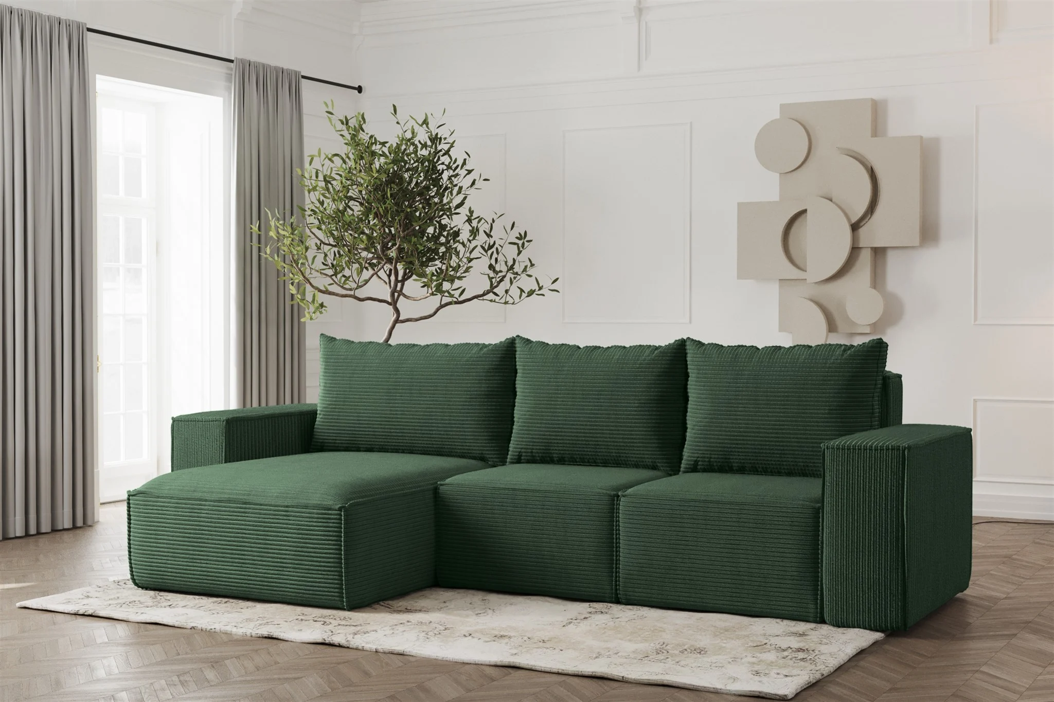 Ecksofa Designersofa ESTELLE in Stoff Poso Grün Ottomane Links - Fun Möbel