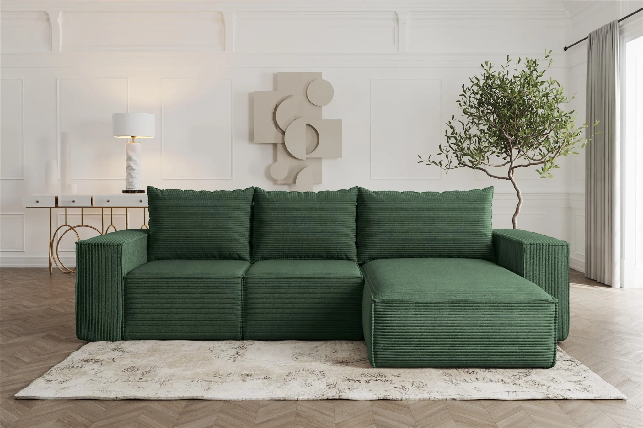Ecksofa Sofa mit Schlaffunktion ESTELLE in Stoff Poso Grün Ottomane Rechts - Fun Möbel