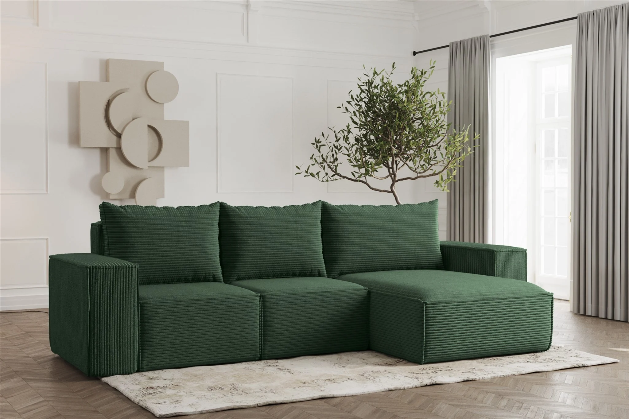 Ecksofa Designersofa ESTELLE in Stoff Poso Grün Ottomane Rechts - Fun Möbel