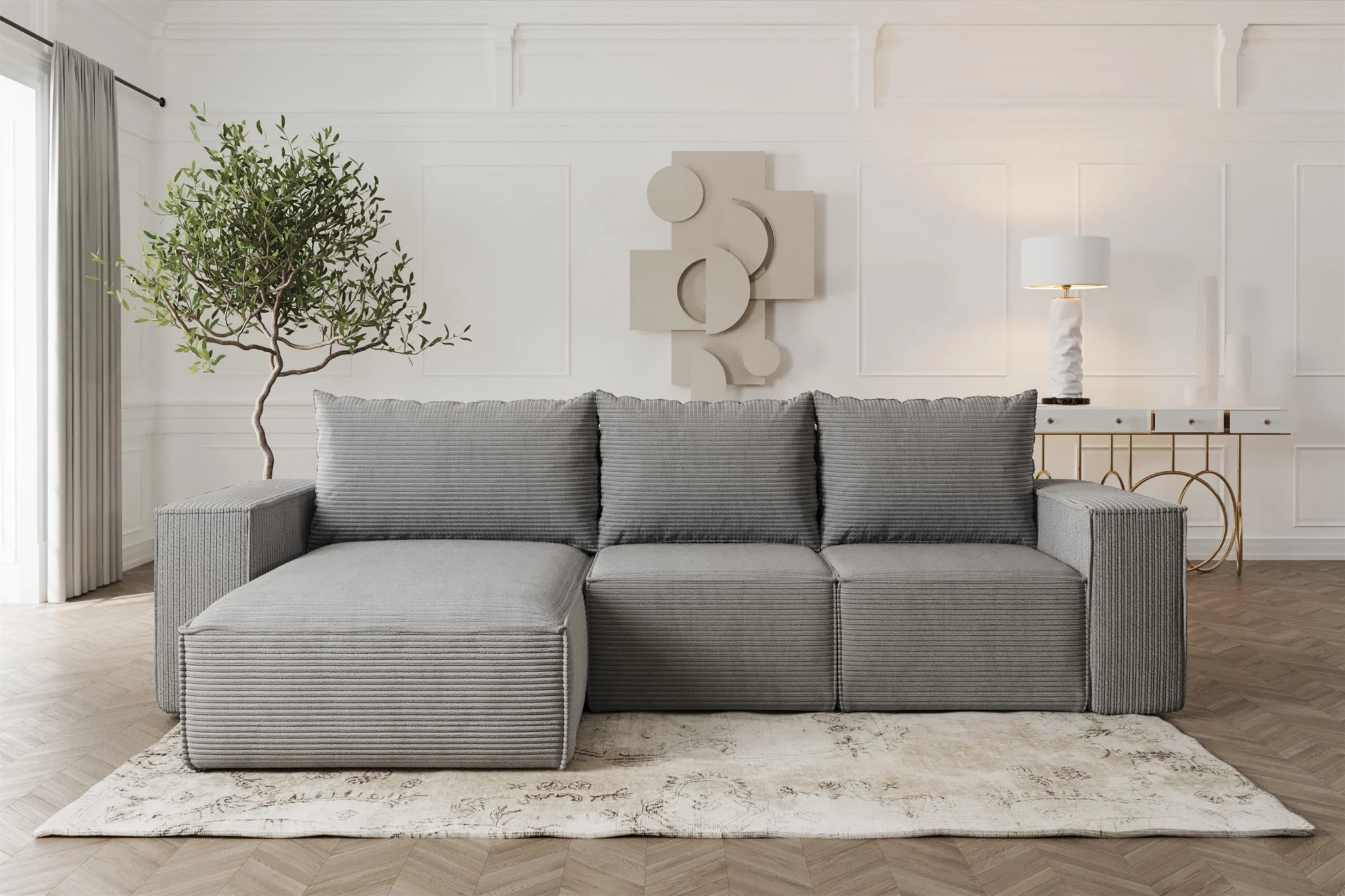 Ecksofa Sofa mit Schlaffunktion ESTELLE in Stoff Poso Grau Ottomane Links - Fun Möbel