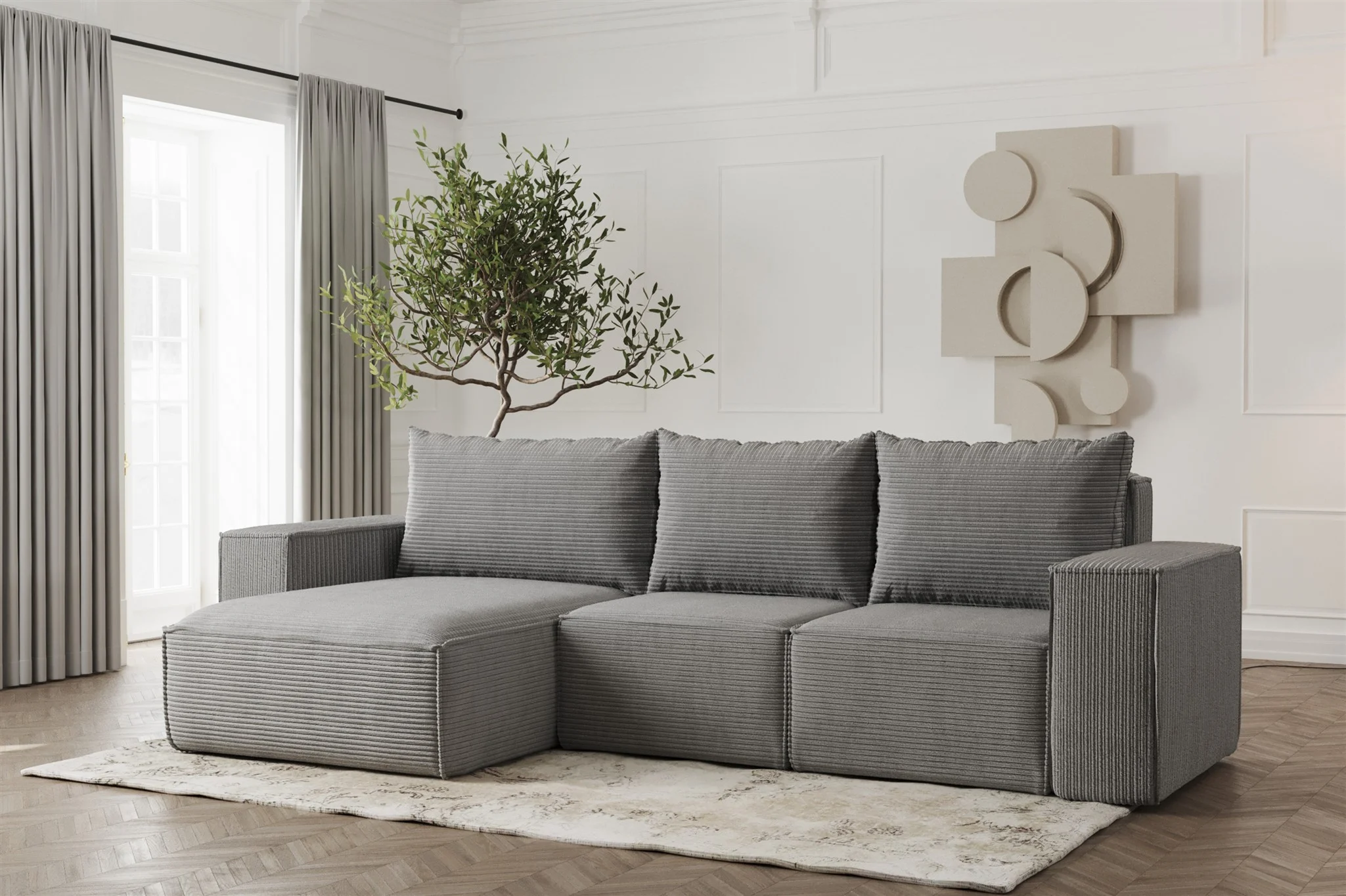 Ecksofa Designersofa ESTELLE in Stoff Poso Grau Ottomane Links - Fun Möbel