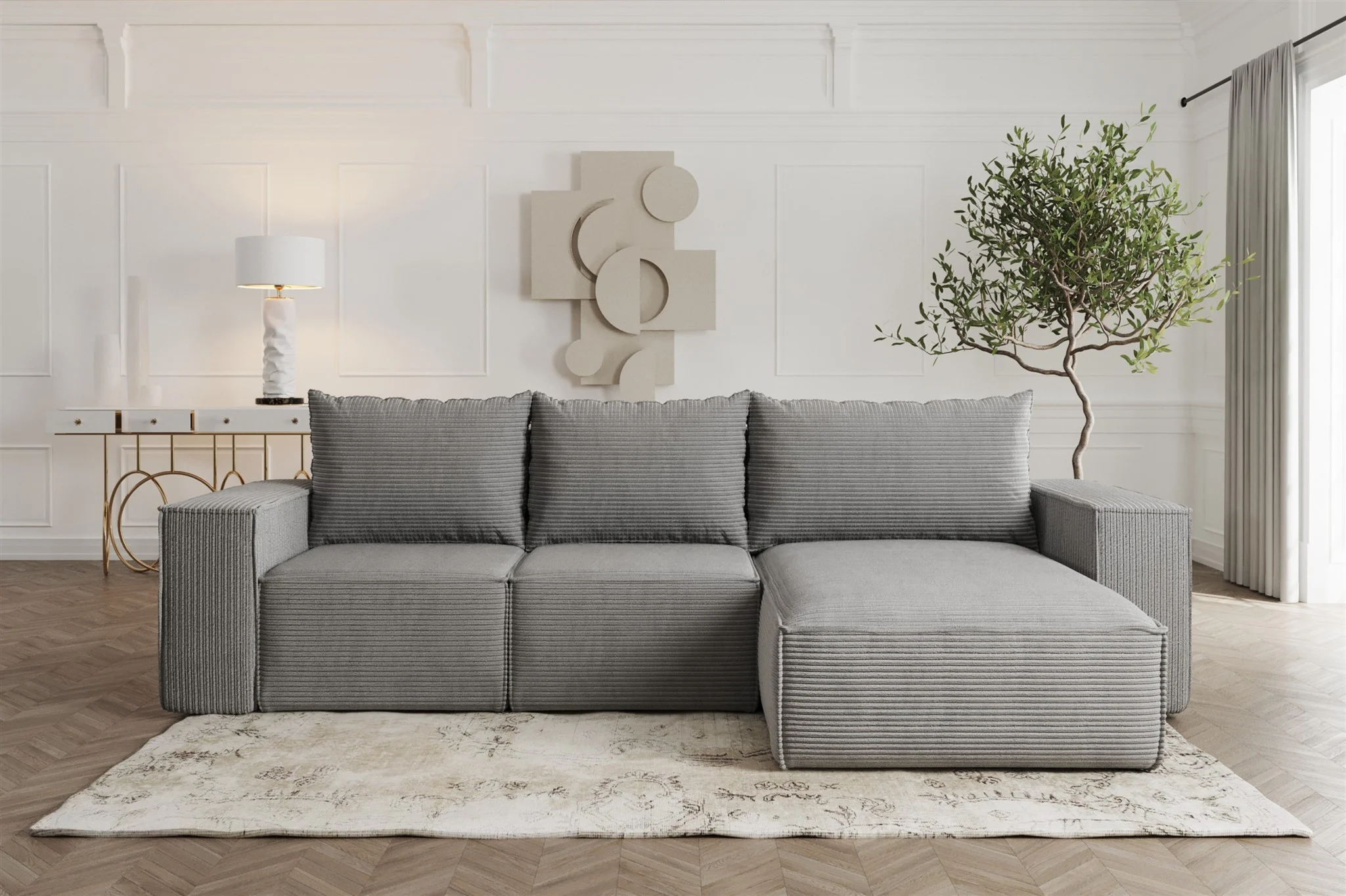 Ecksofa Sofa mit Schlaffunktion ESTELLE in Stoff Poso Grau Ottomane Rechts - Fun Möbel