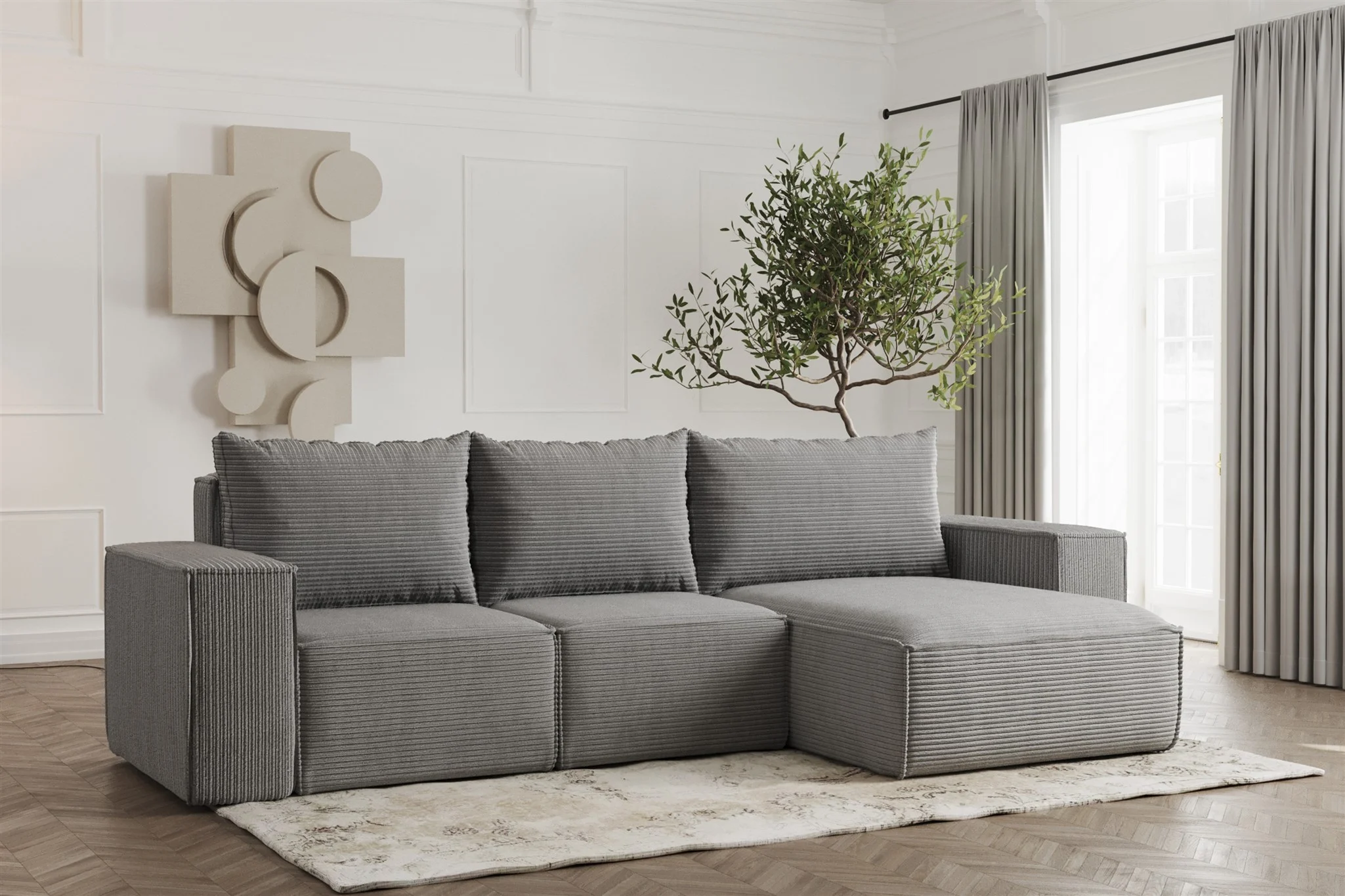 Ecksofa Designersofa ESTELLE in Stoff Poso Grau Ottomane Rechts - Fun Möbel