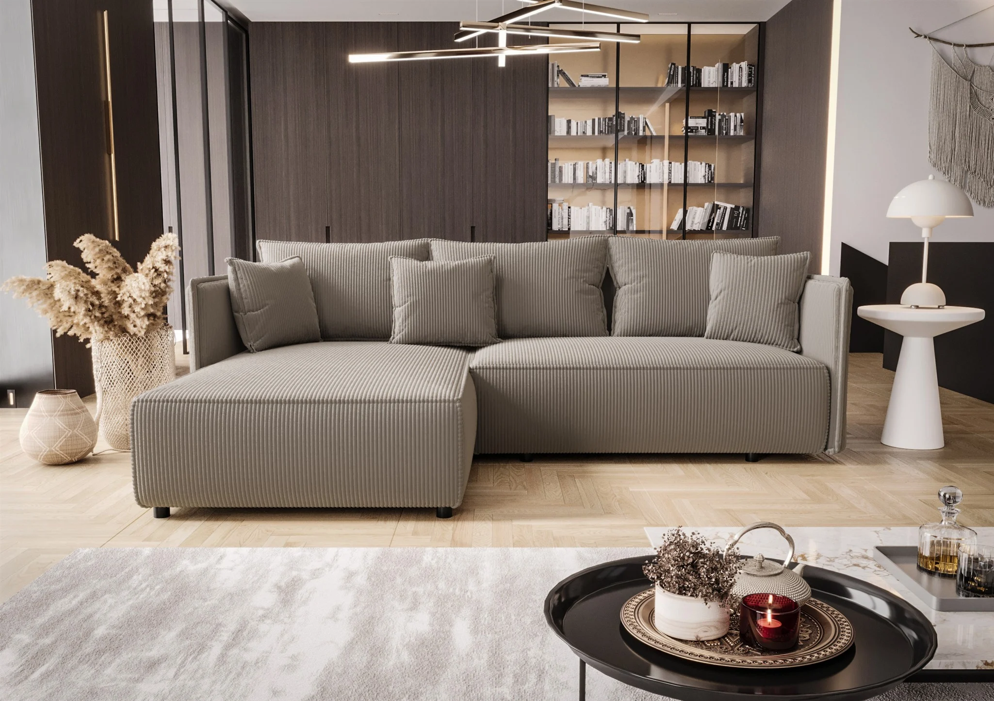 Ecksofa Schlafsofa EVORA Stoff Poso Hellbraun Ottomane Links - Fun Möbel