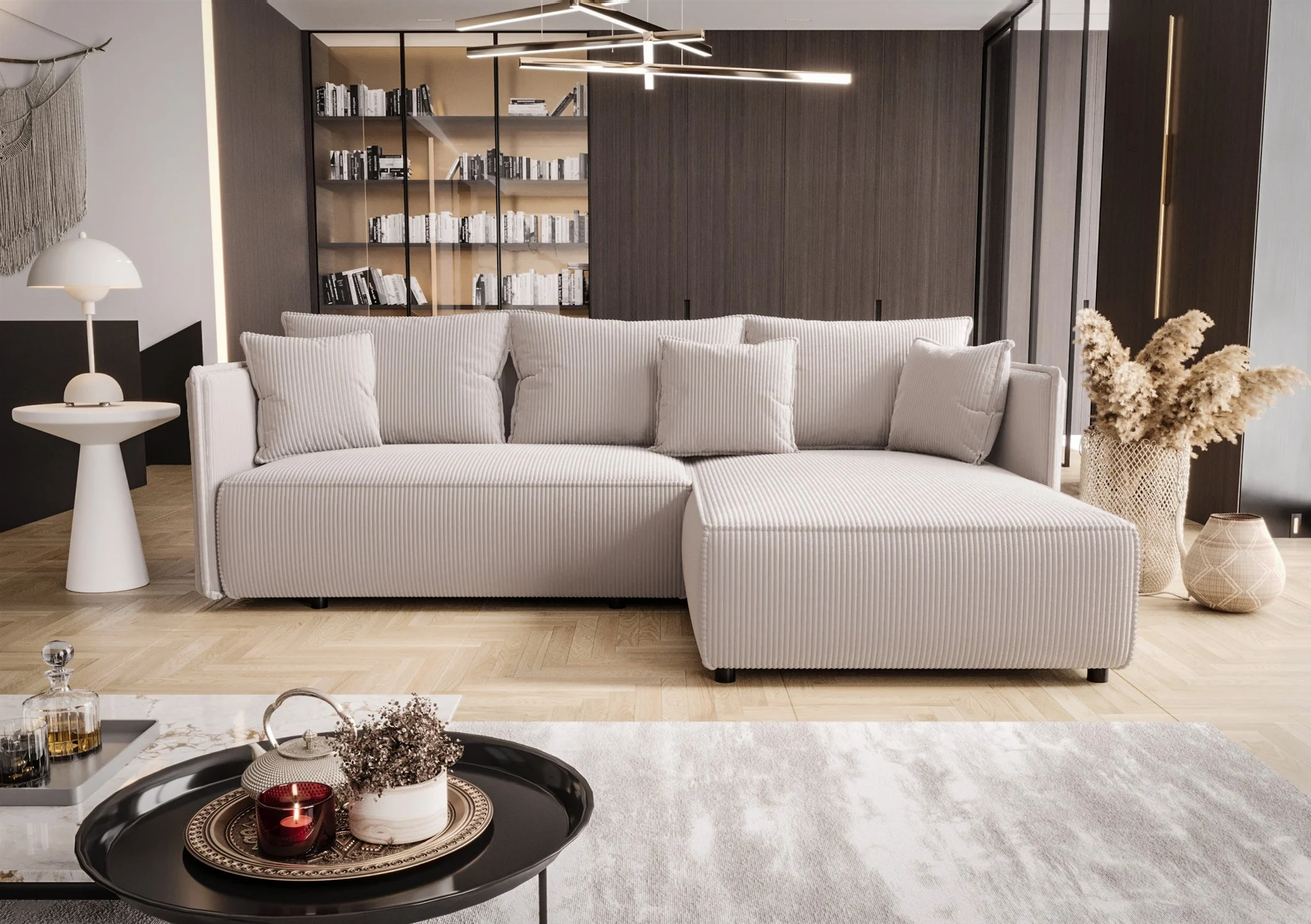 Ecksofa Schlafsofa EVORA Stoff Poso Altweiß Ottomane Rechts - Fun Möbel