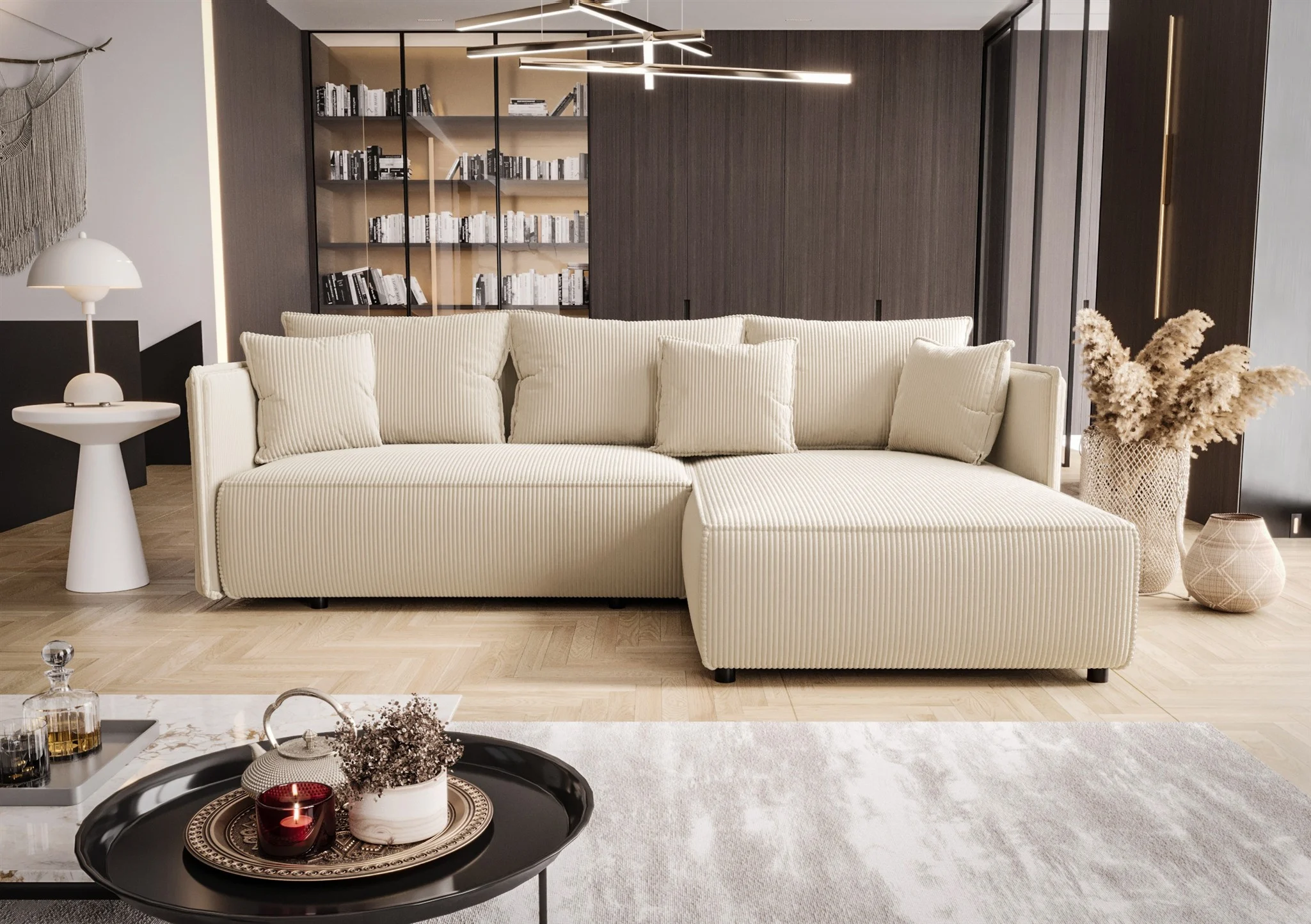 Ecksofa Schlafsofa EVORA Stoff Poso Creme Ottomane Rechts - Fun Möbel