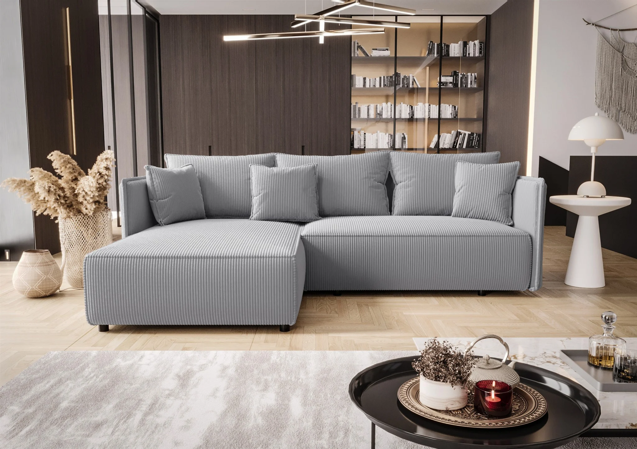 Ecksofa Schlafsofa EVORA Stoff Poso Hellgrau Ottomane Links - Fun Möbel