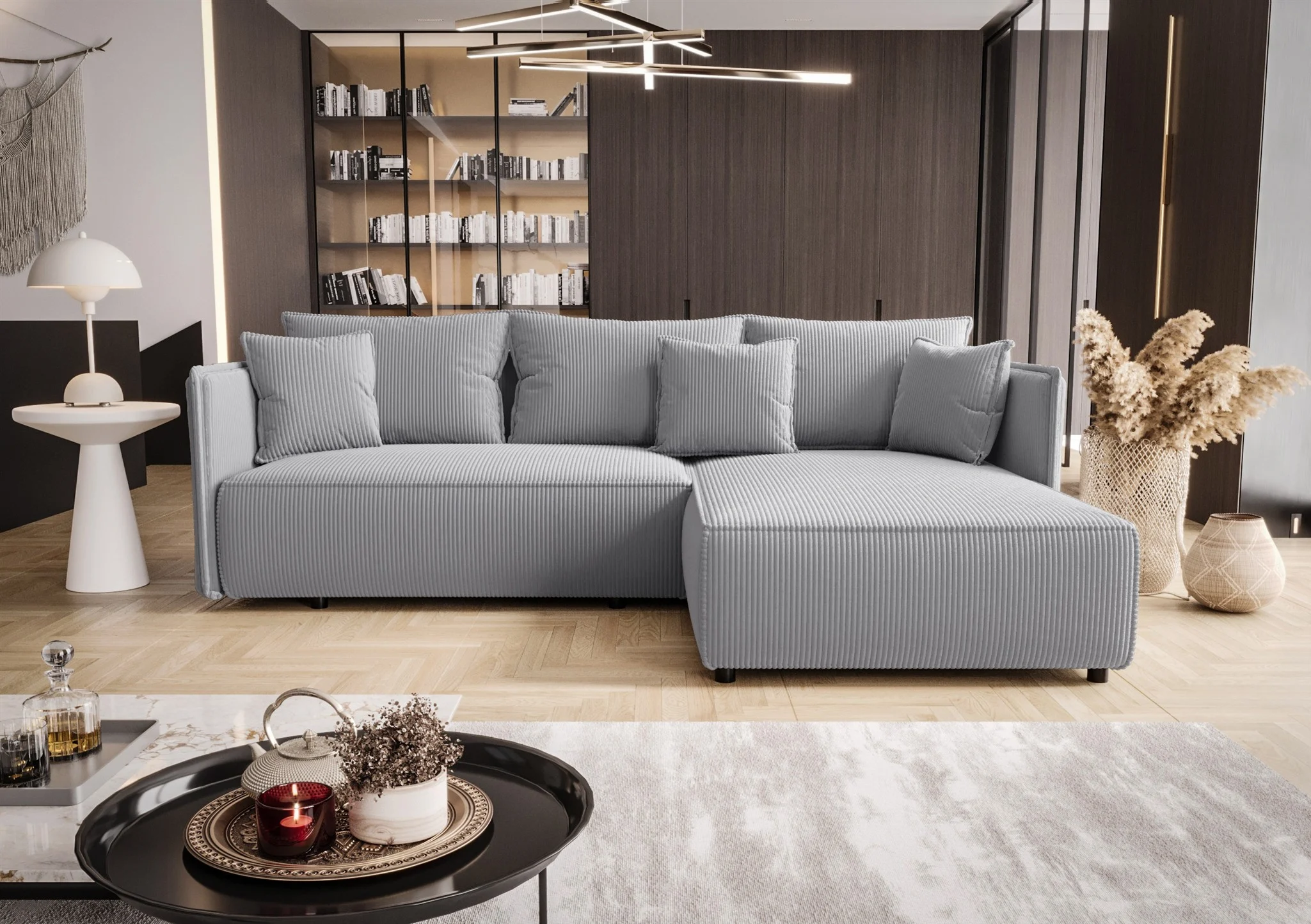 Ecksofa Schlafsofa EVORA Stoff Poso Hellgrau Ottomane Rechts - Fun Möbel