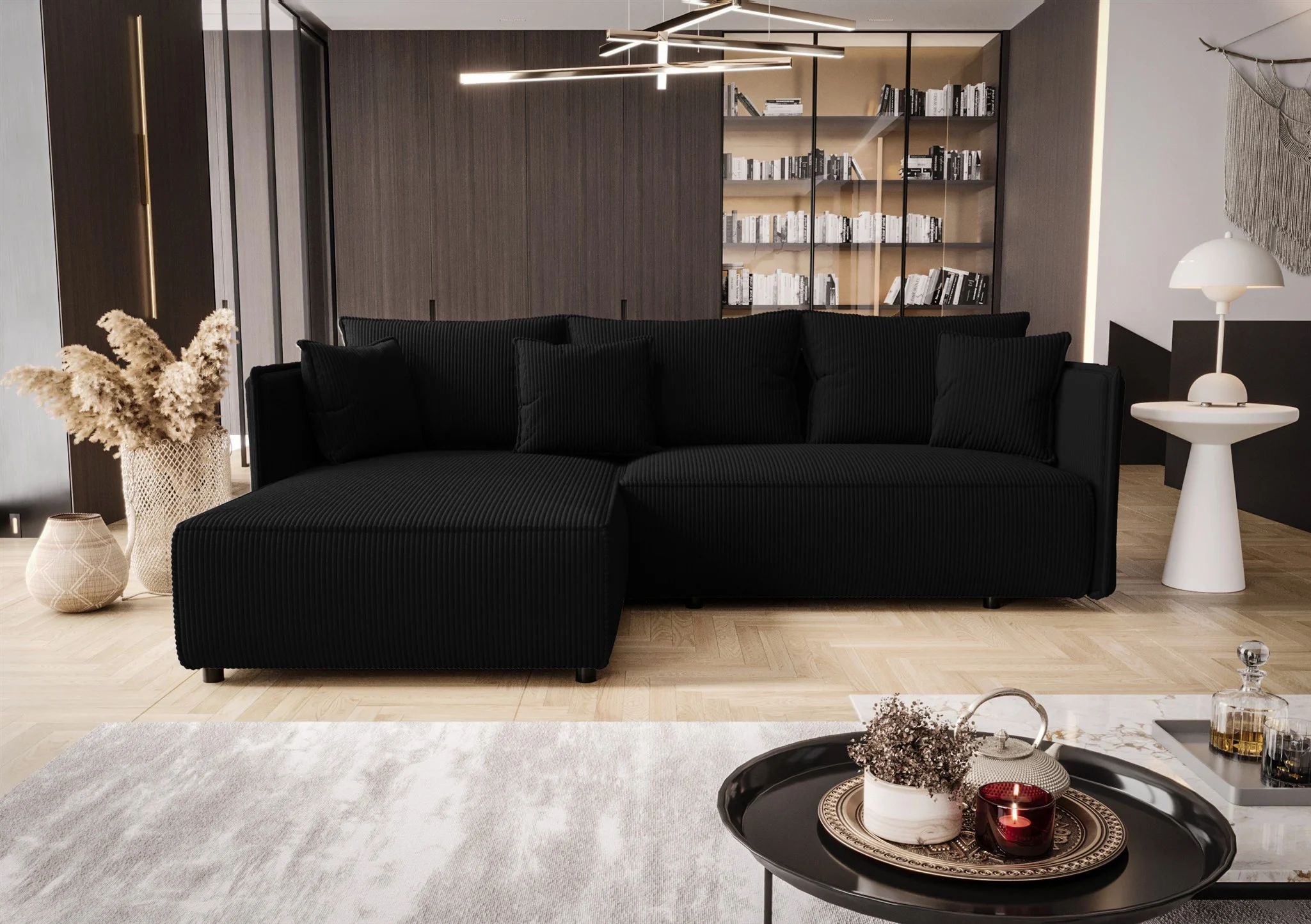 Ecksofa Schlafsofa EVORA Stoff Poso Schwarz Ottomane Links - Fun Möbel