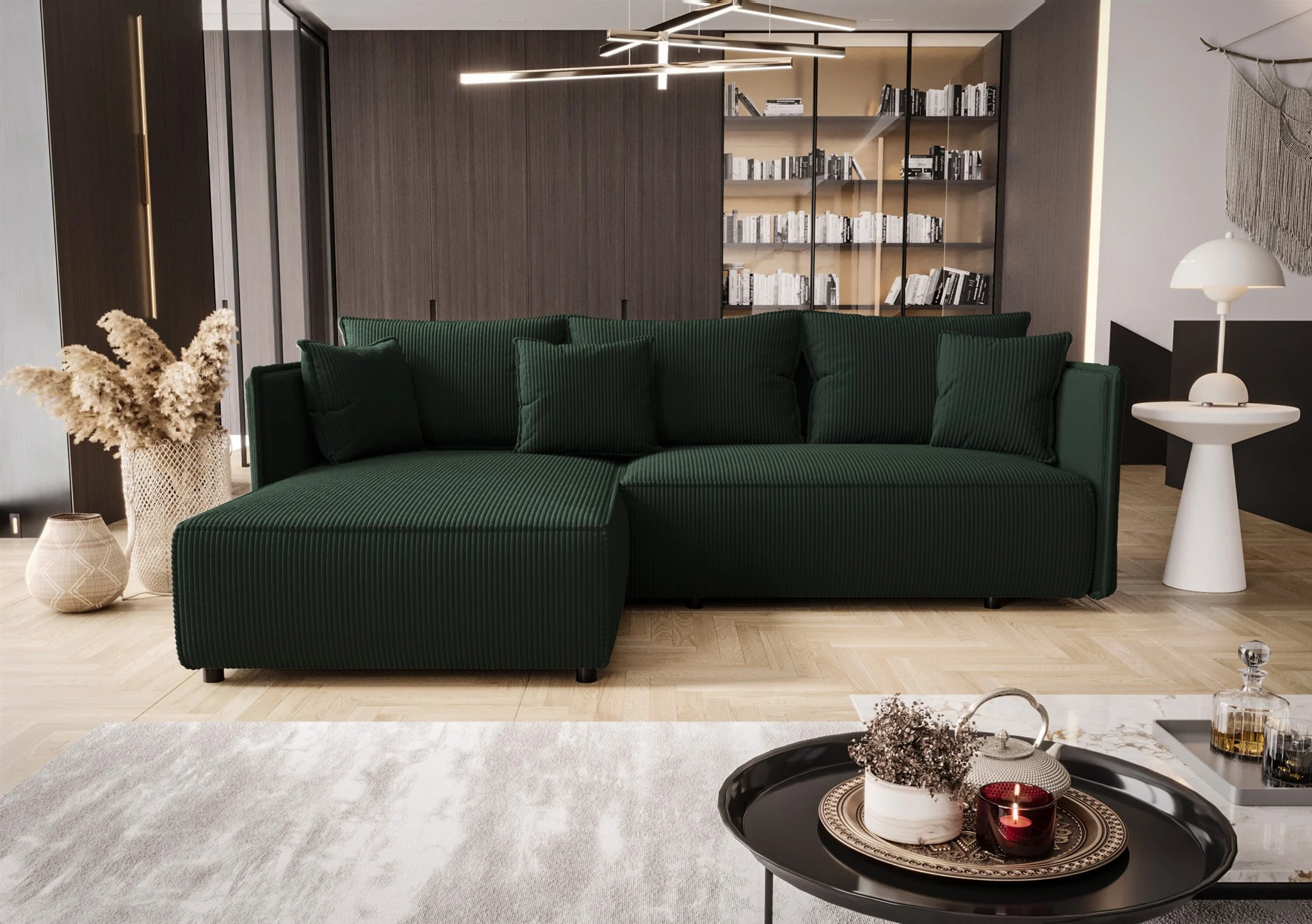 Ecksofa Schlafsofa EVORA Stoff Poso Grün Ottomane Links - Fun Möbel