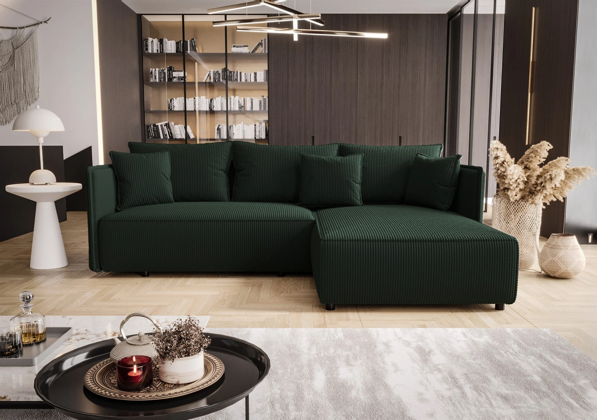 Ecksofa Schlafsofa EVORA Stoff Poso Grün Ottomane Rechts - Fun Möbel