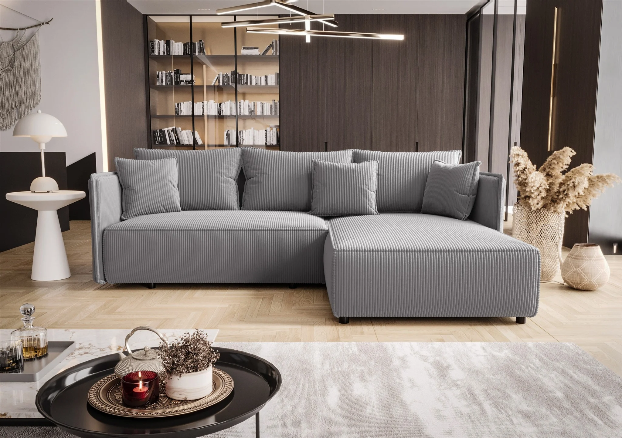 Ecksofa Schlafsofa EVORA Stoff Poso Blaugrau Ottomane Rechts - Fun Möbel