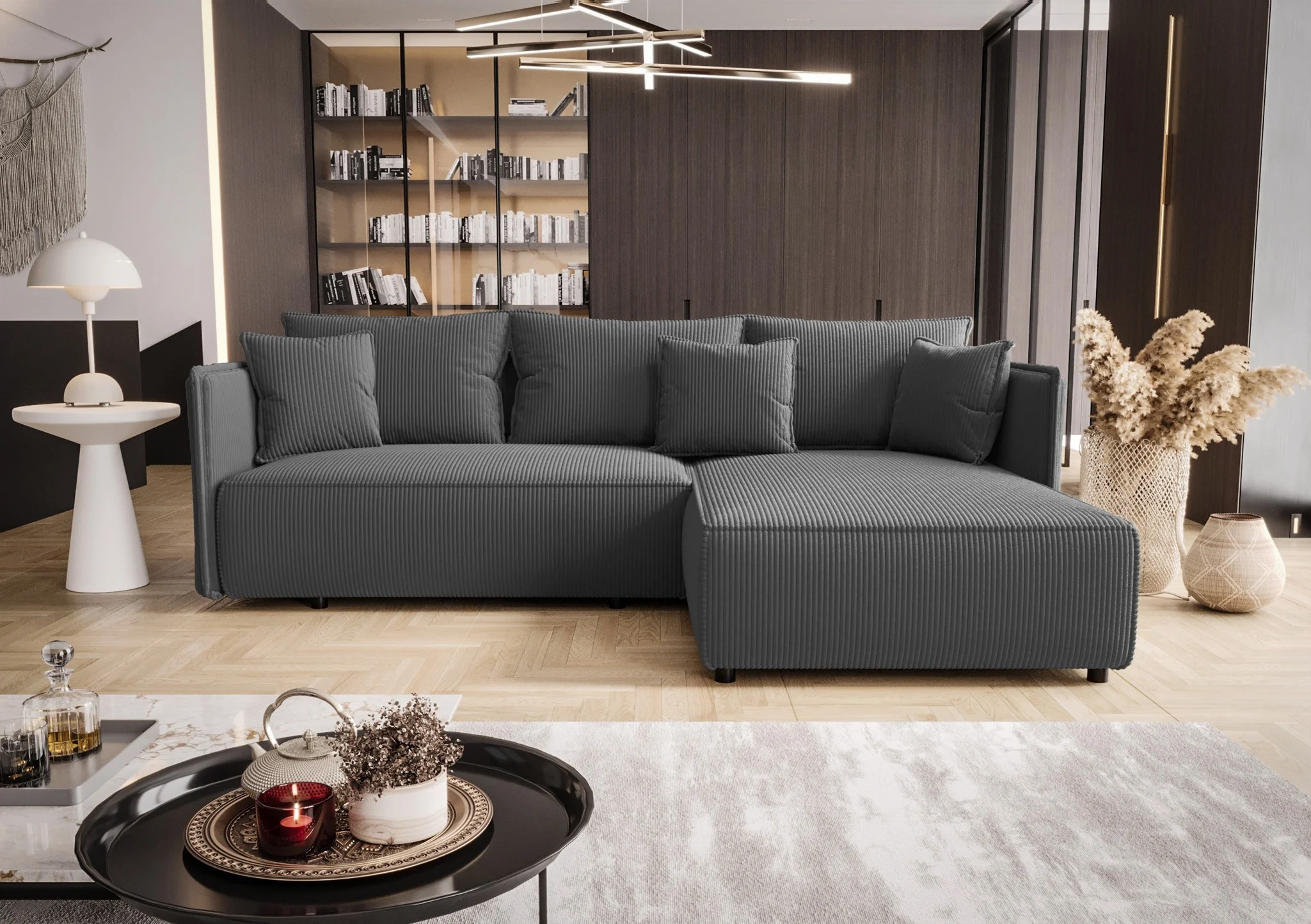 Ecksofa Schlafsofa EVORA Stoff Poso Grau Ottomane Rechts - Fun Möbel
