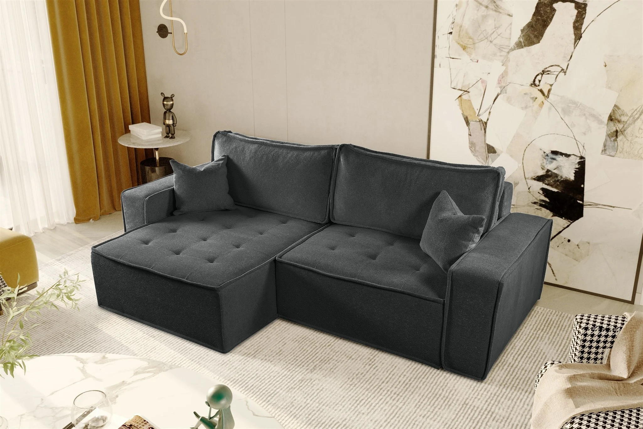 Ecksofa Schlafsofa FLOSI Stoff Raven Anthrazit Ottomane Links - Fun Möbel