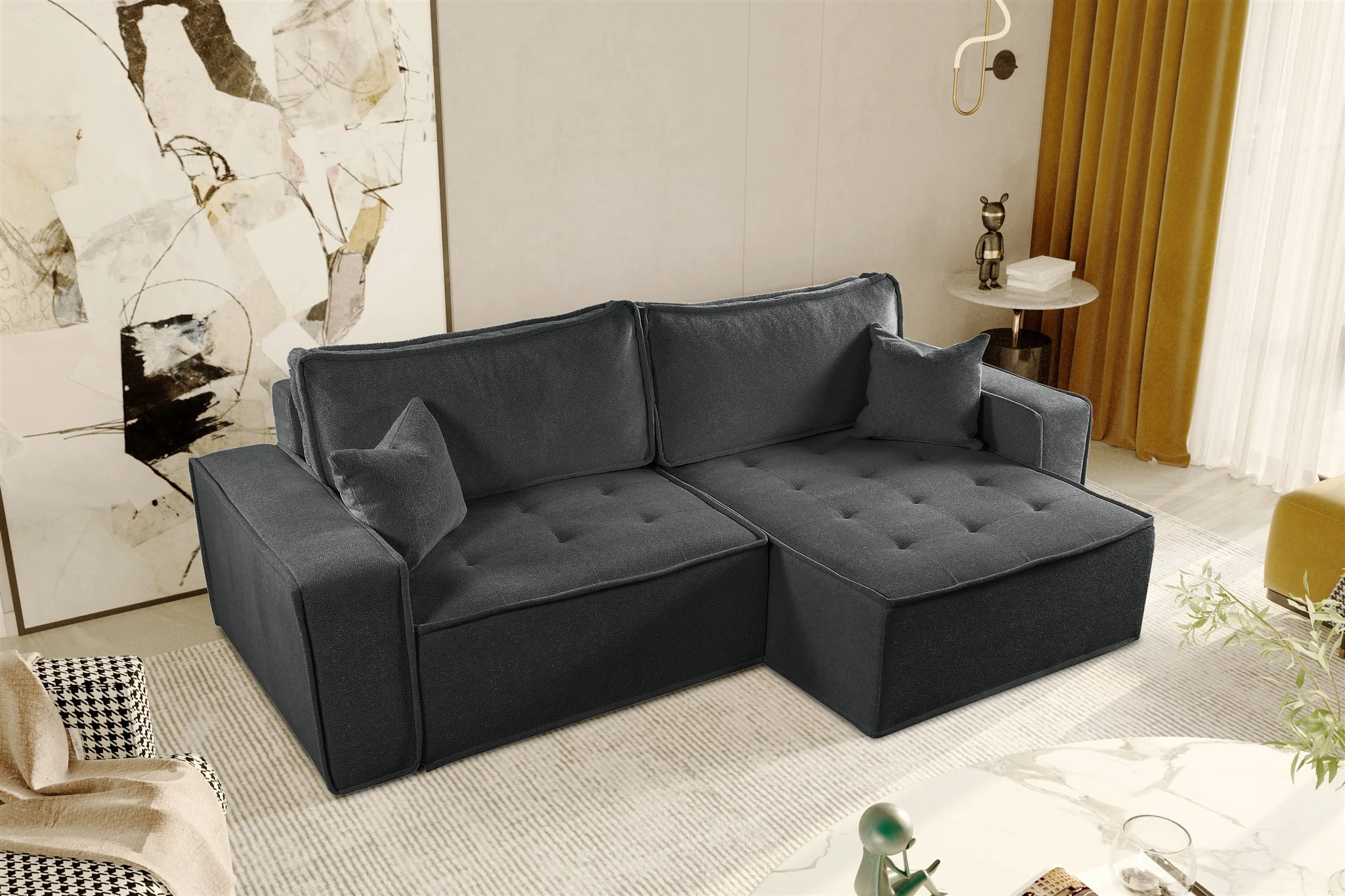 Ecksofa Schlafsofa FLOSI Stoff Raven Anthrazit Ottomane Rechts - Fun Möbel