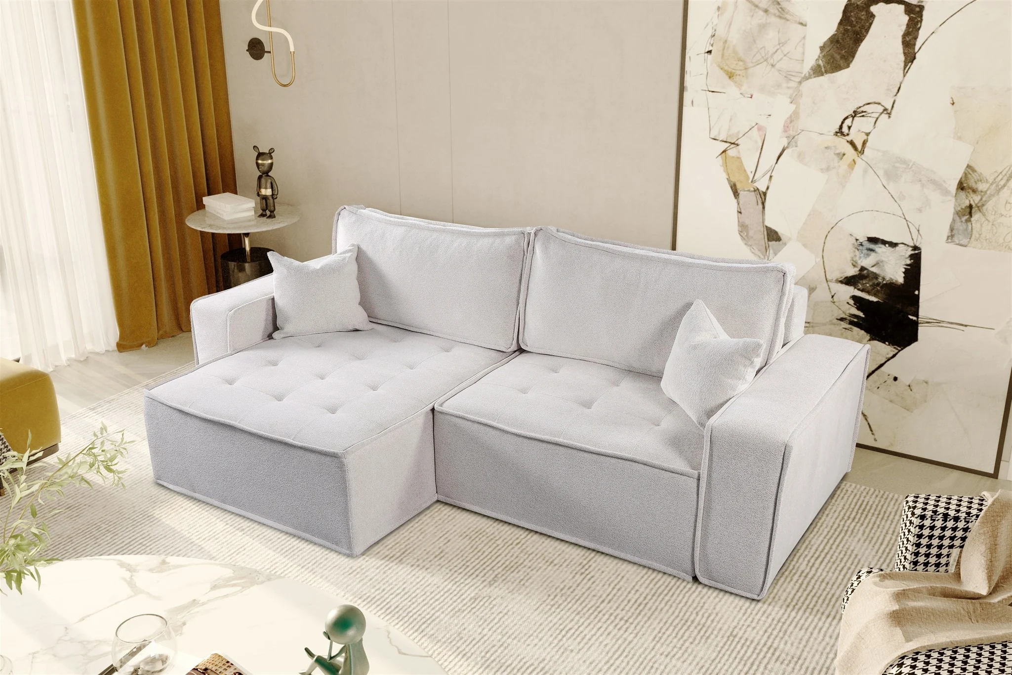 Ecksofa Schlafsofa FLOSI Stoff Raven Weiß Ottomane Links - Fun Möbel