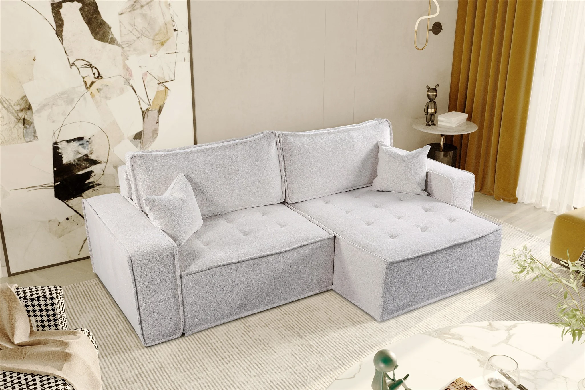 Ecksofa Schlafsofa FLOSI Stoff Raven Weiß Ottomane Rechts - Fun Möbel