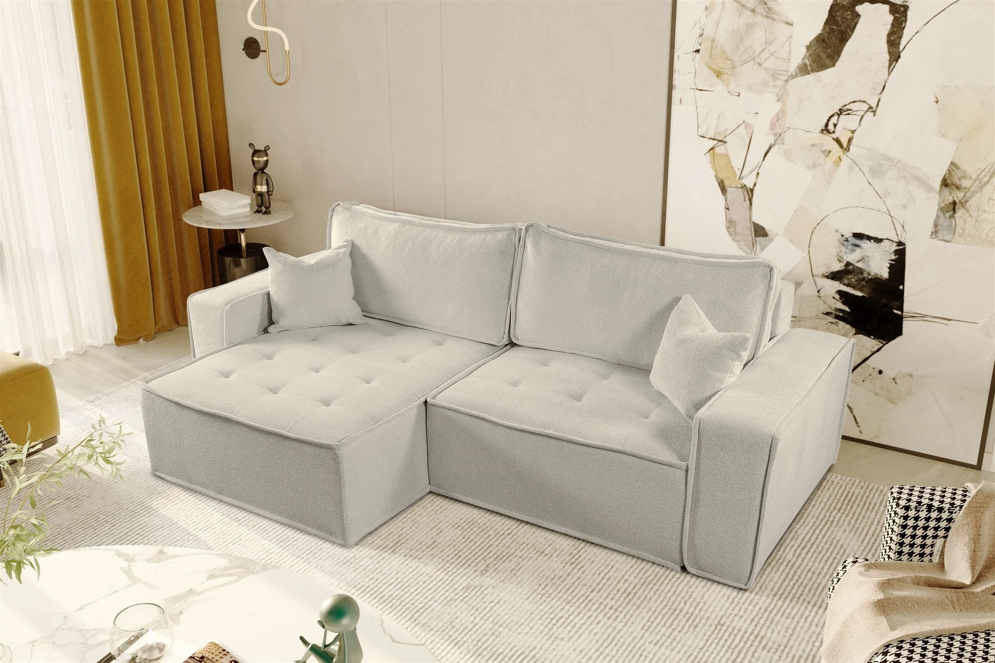 Ecksofa Schlafsofa FLOSI Stoff Raven Creme Ottomane Links - Fun Möbel