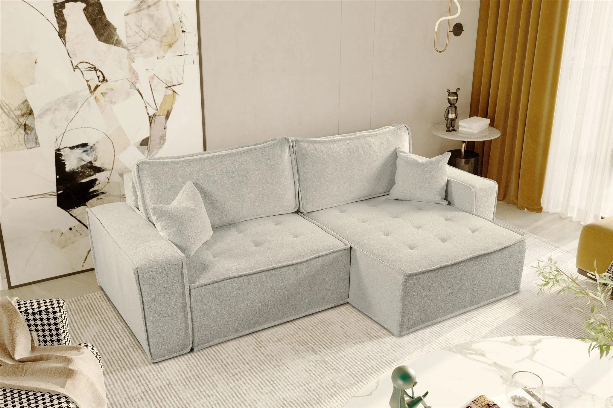 Ecksofa Schlafsofa FLOSI Stoff Raven Creme Ottomane Rechts - Fun Möbel
