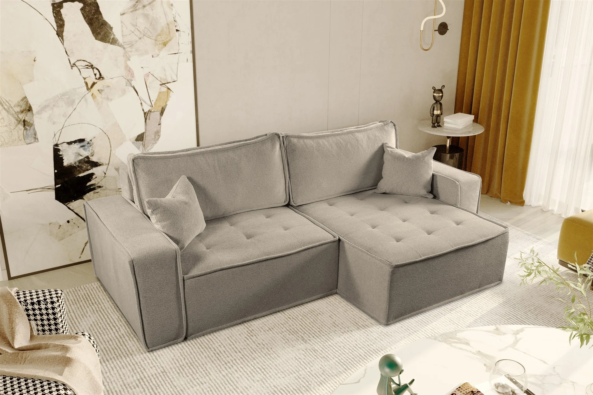 Ecksofa Schlafsofa FLOSI Stoff Raven Taupe Ottomane Rechts - Fun Möbel