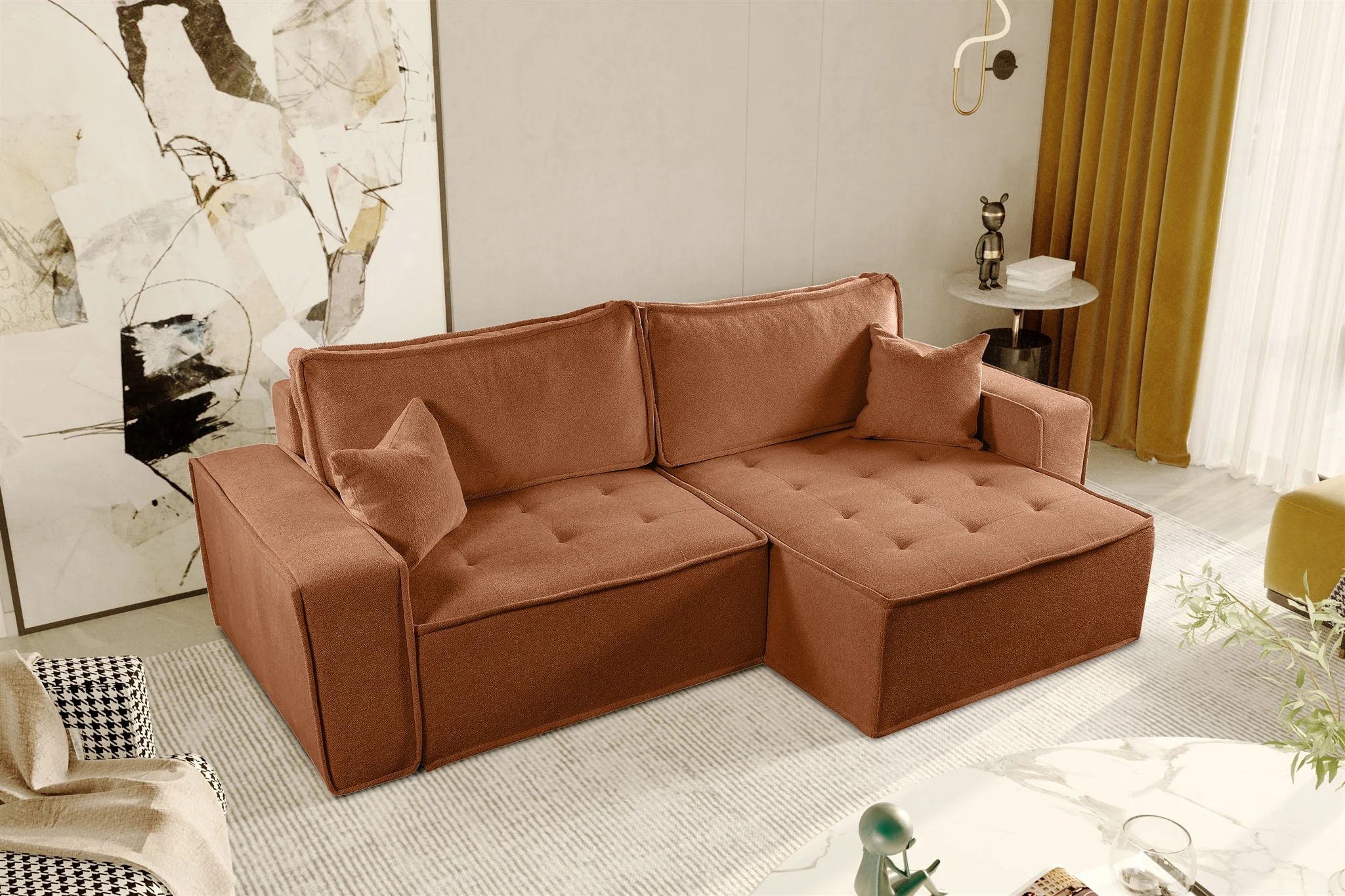 Ecksofa Schlafsofa FLOSI Stoff Raven Rostbraun Ottomane Rechts - Fun Möbel