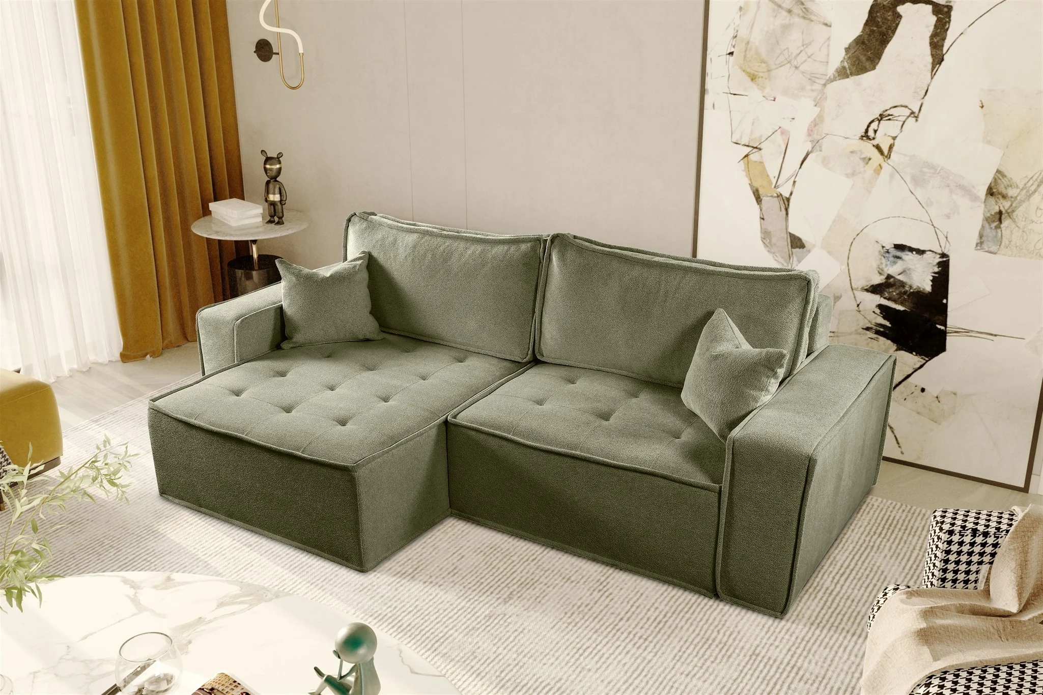 Ecksofa Schlafsofa FLOSI Stoff Raven Grün Ottomane Links - Fun Möbel