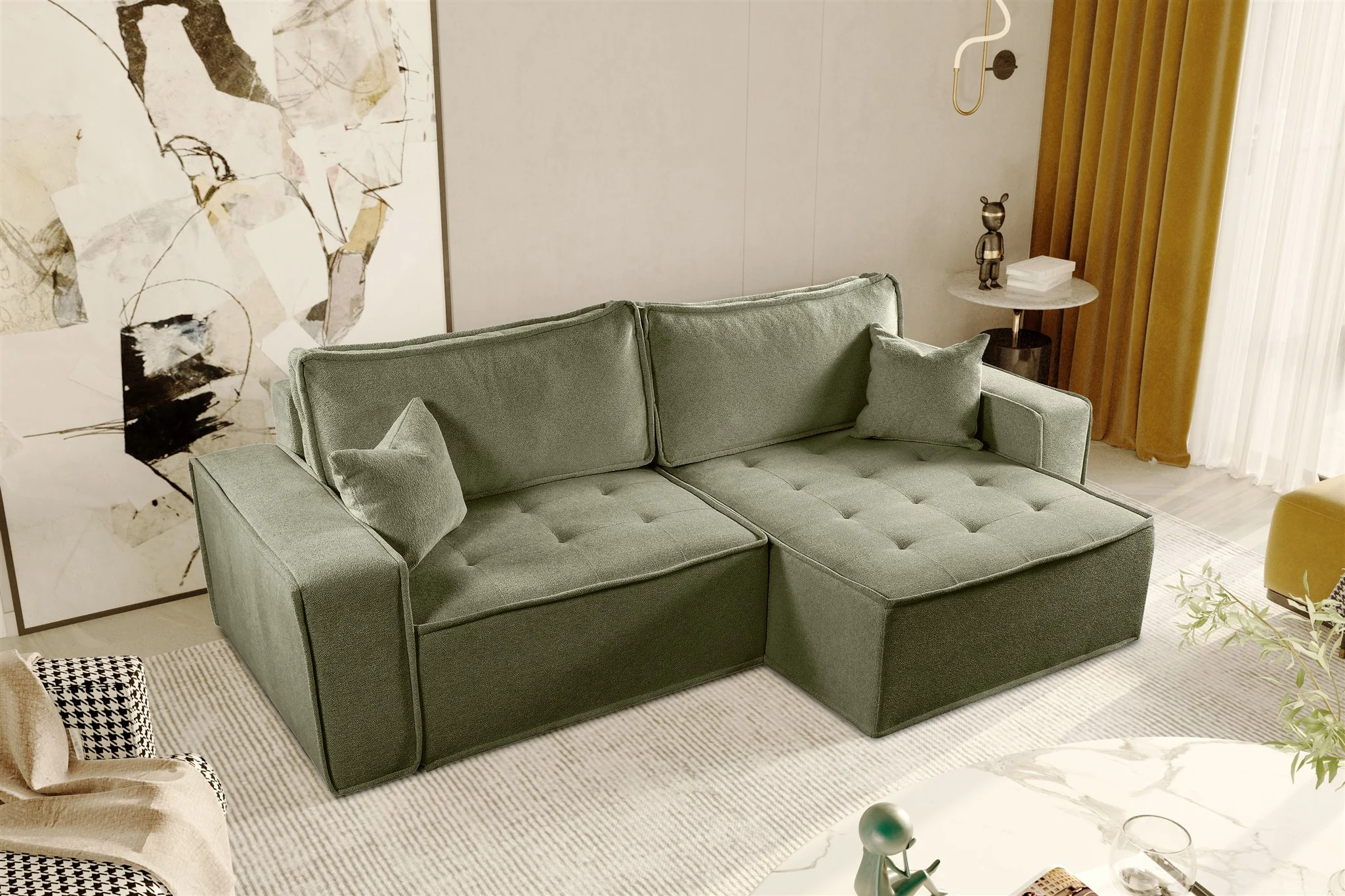 Ecksofa Schlafsofa FLOSI Stoff Raven Grün Ottomane Rechts - Fun Möbel