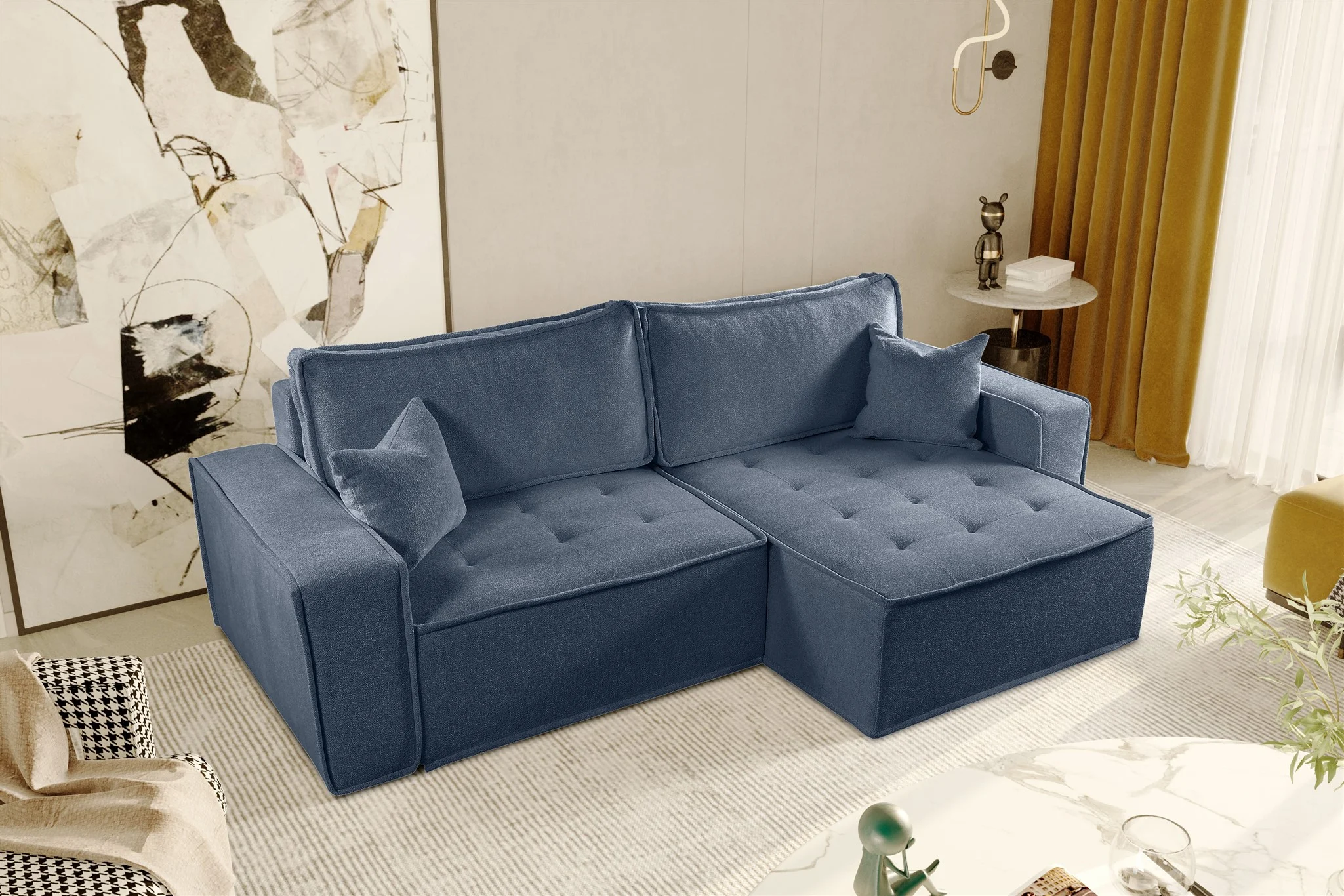 Ecksofa Schlafsofa FLOSI Stoff Raven Blau Ottomane Rechts - Fun Möbel